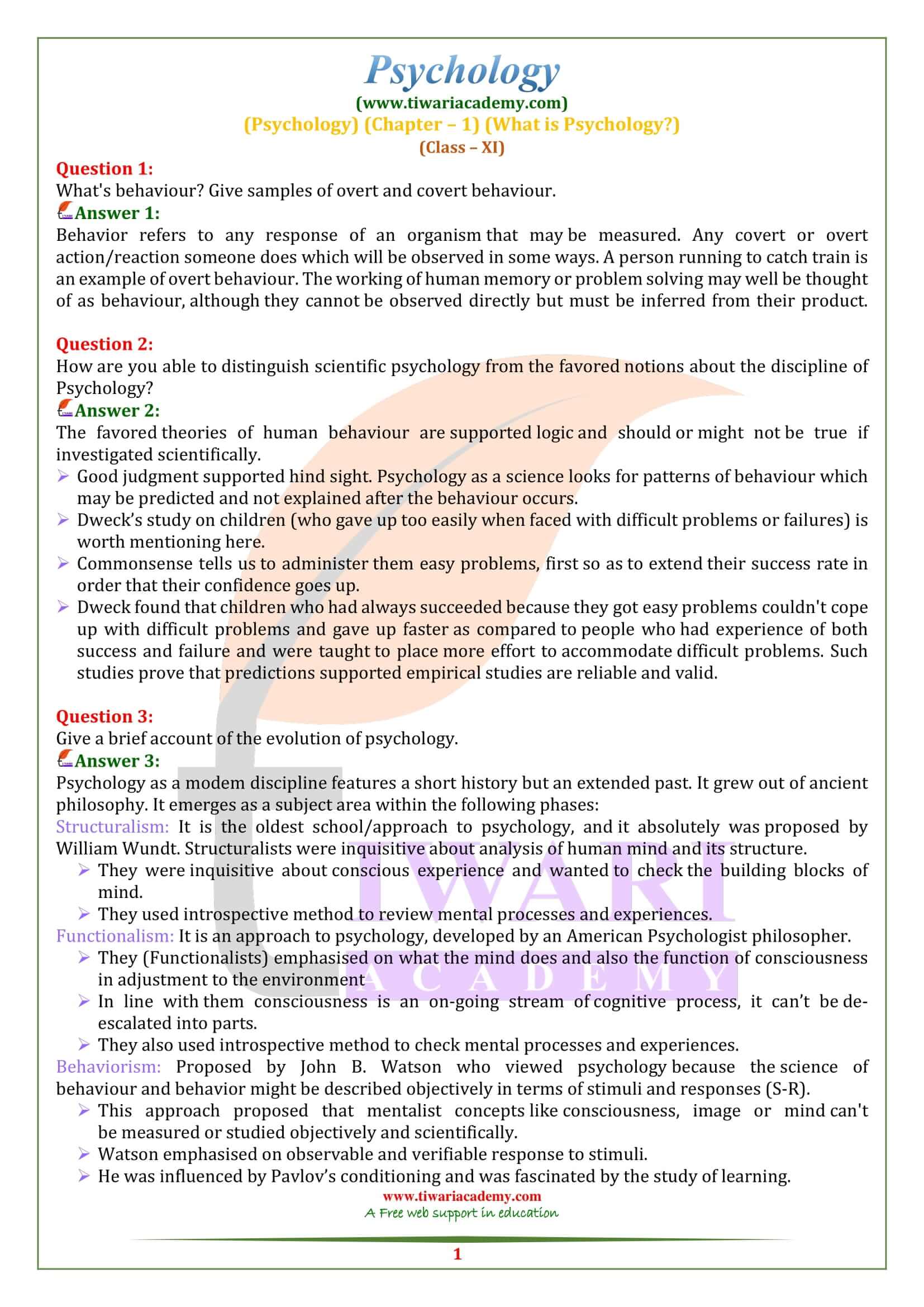 NCERT Solutions for Class 11 Psychology Chapter 1 Question Answers