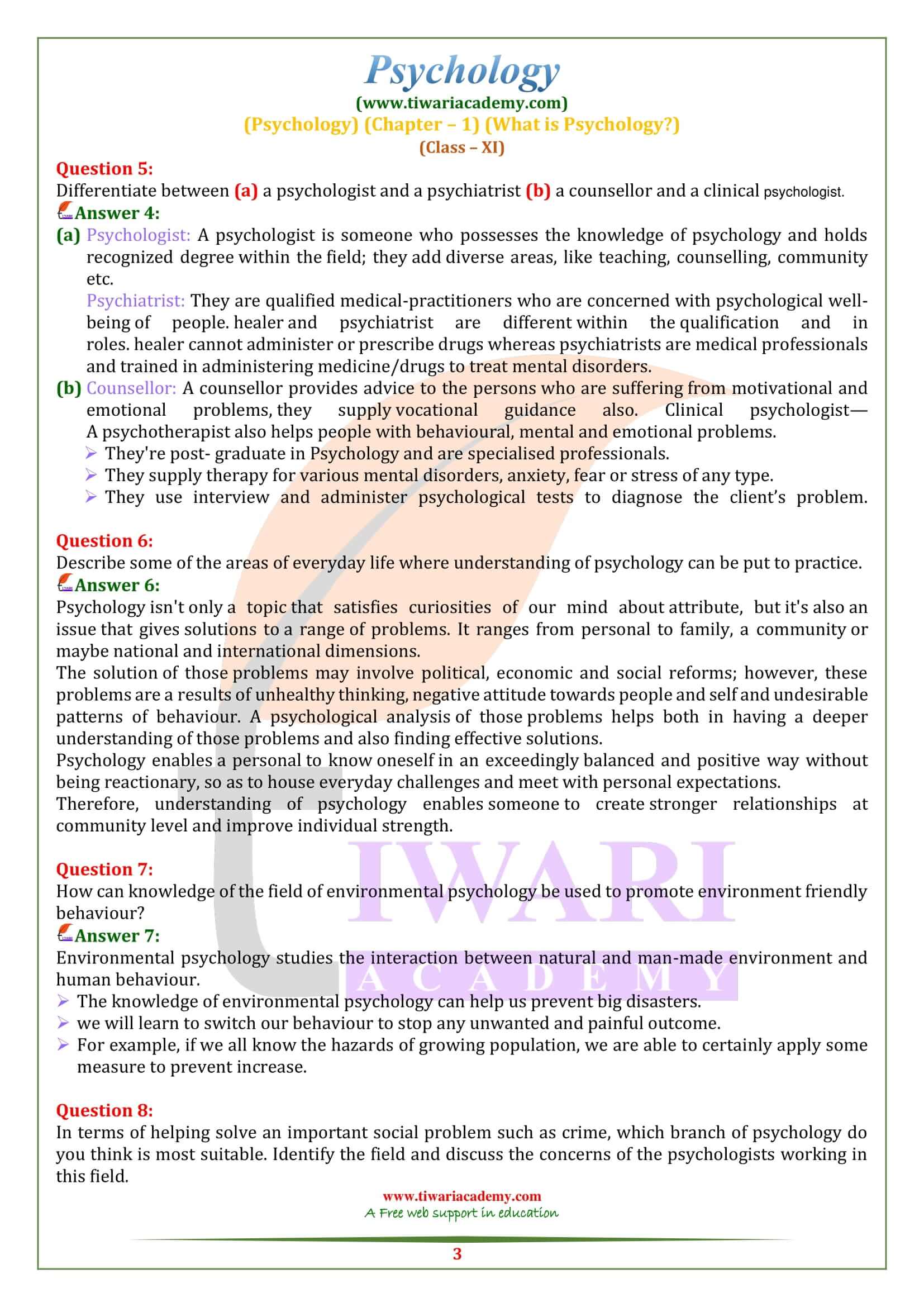 NCERT Solutions for Class 11 Psychology Chapter 1 Exercises Answers