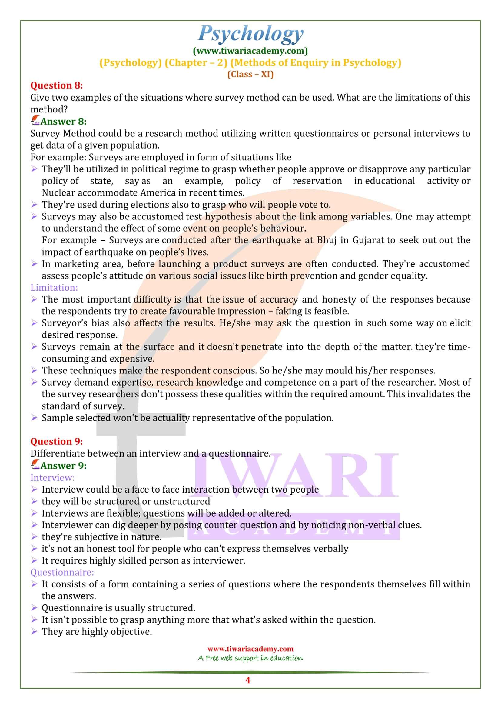 NCERT Solutions for Class 11 Psychology Chapter 2 in English Medium