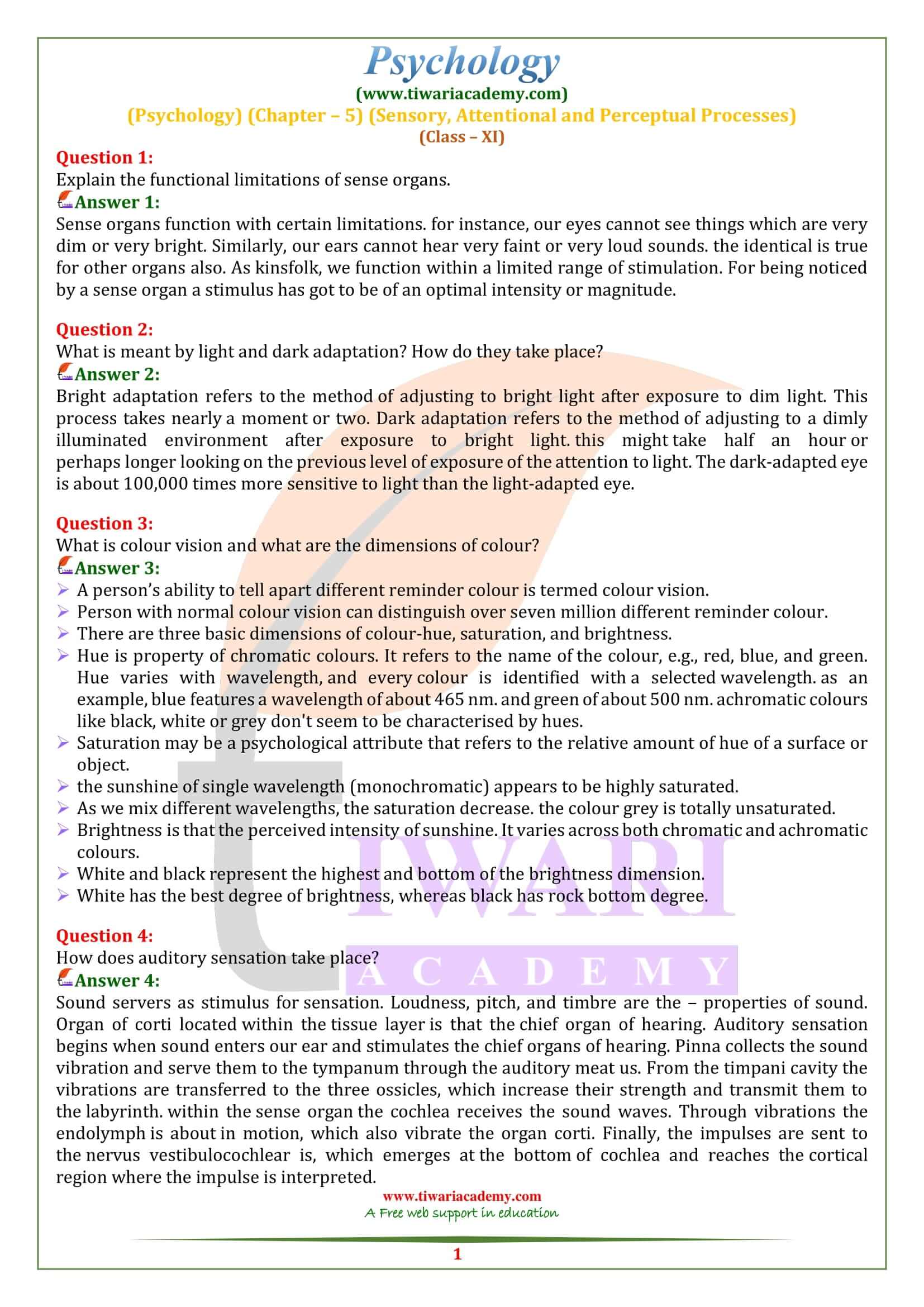 Class 11 Psychology Chapter 5 Sensory, Attentional and Perceptual Processes