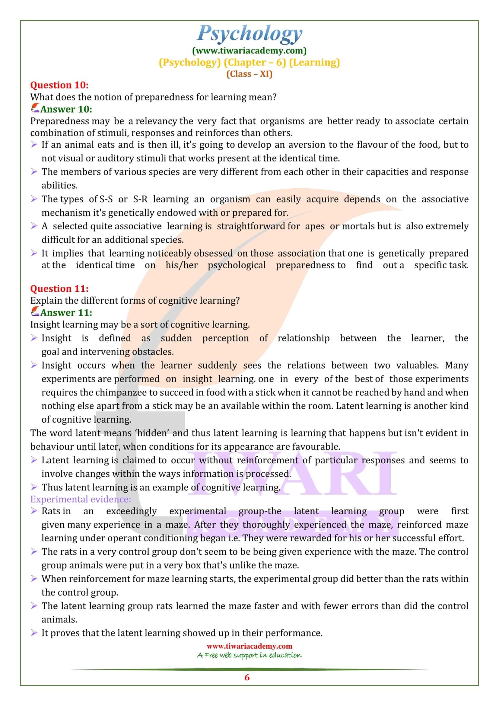 NCERT Solutions for Class 11 Psychology Chapter 6 Exercises