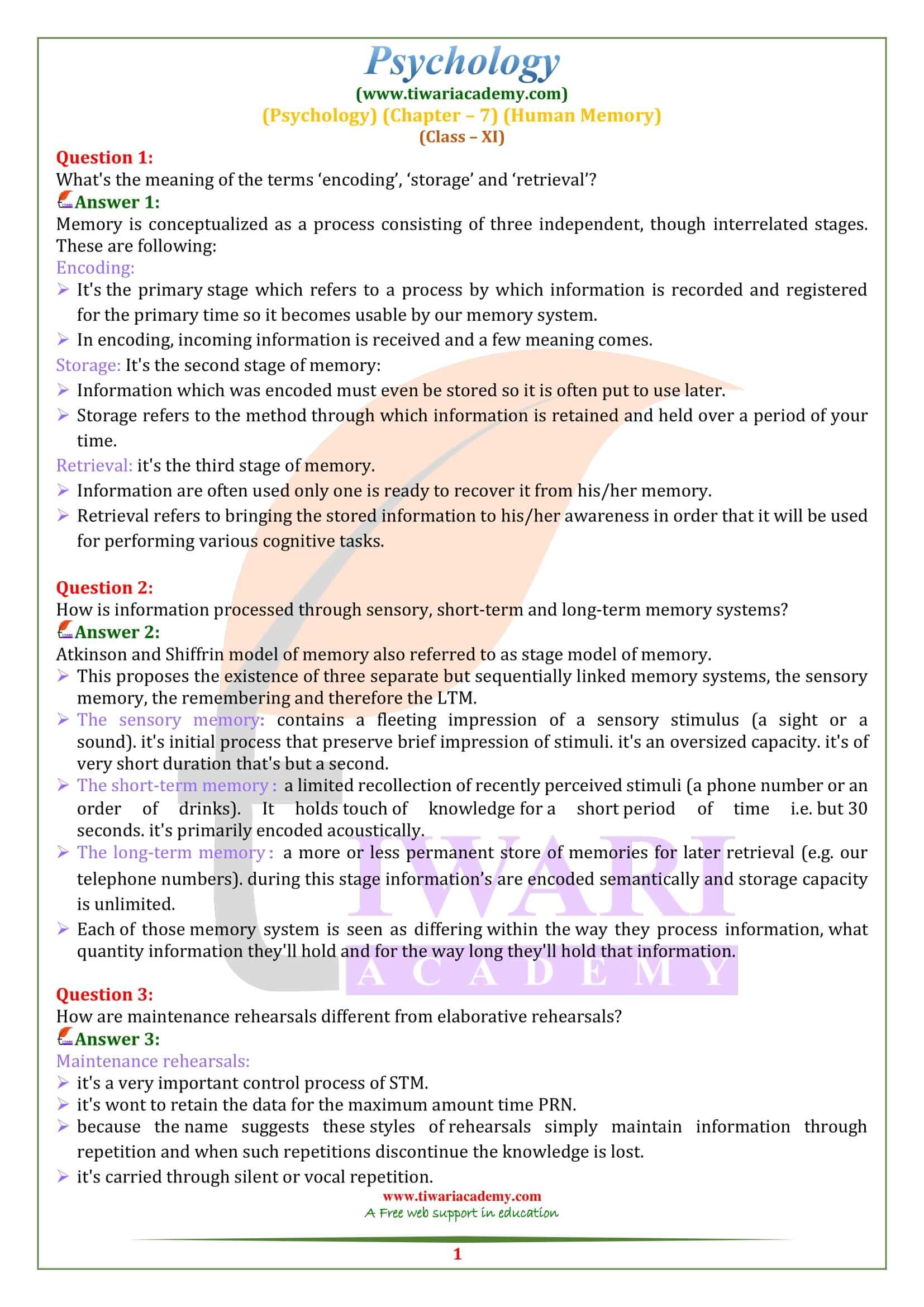 Class 11 Psychology Chapter 7 Human Memory