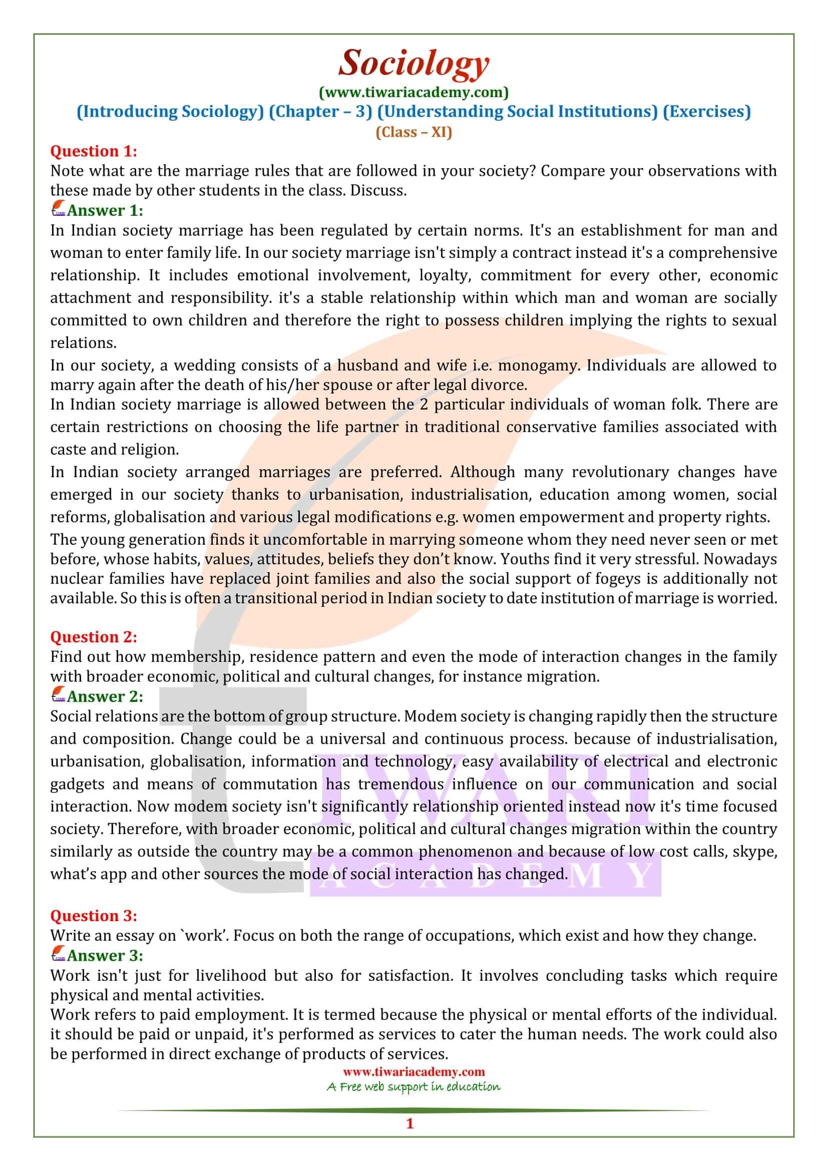 NCERT Solutions for Class 11 Sociology Chapter 3