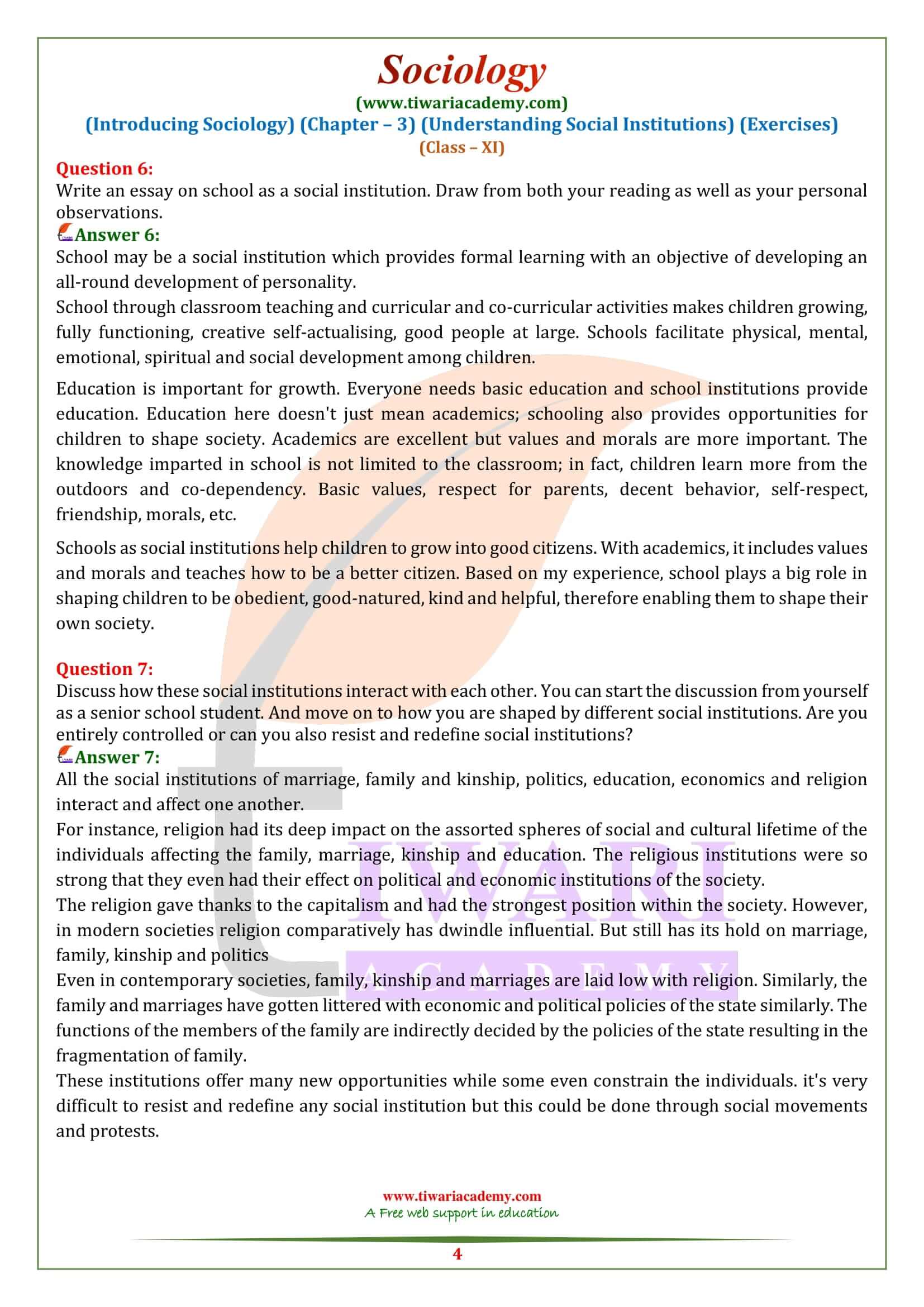NCERT Solutions for Class 11 Sociology Chapter 3 free