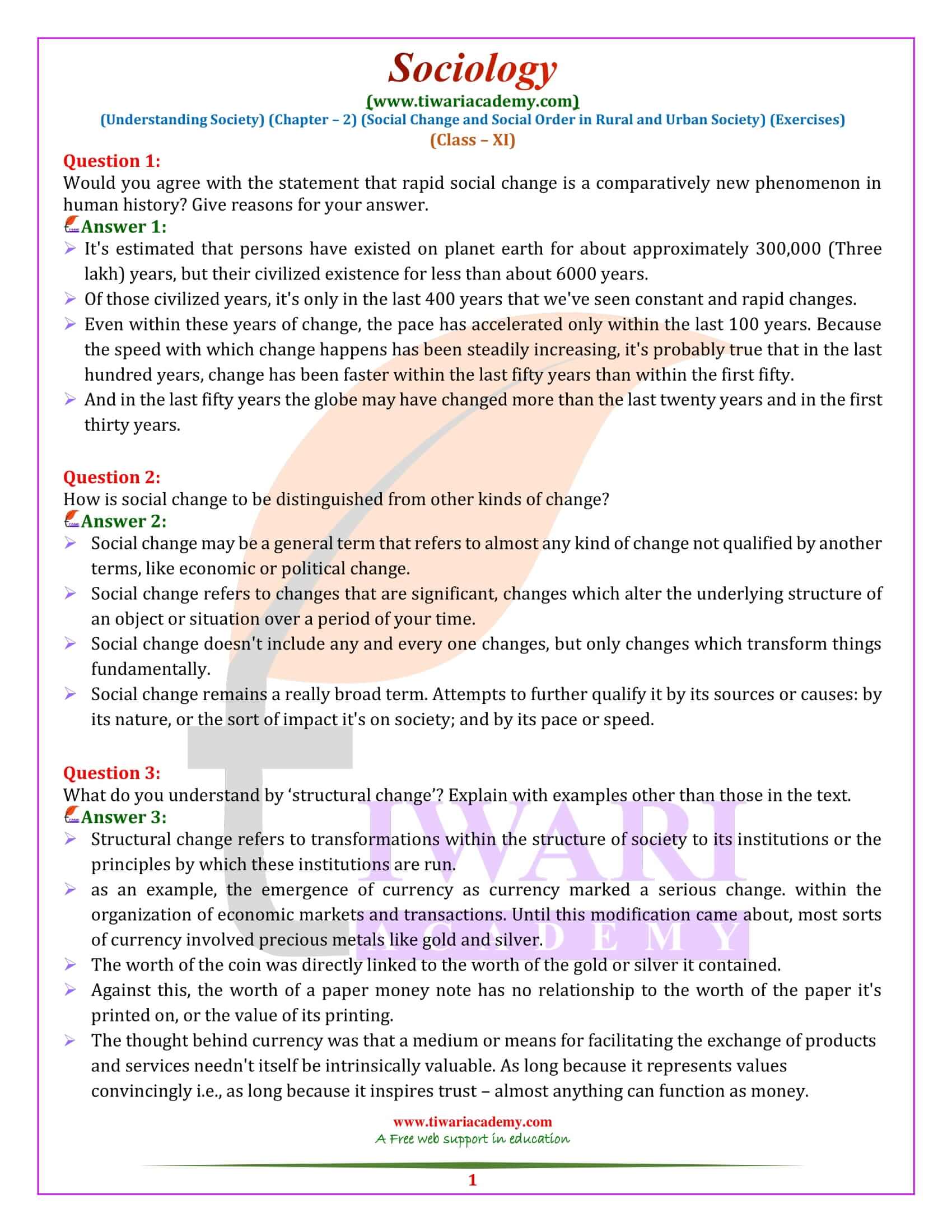 NCERT Solutions for Class 11 Sociology Chapter 2 Social Change and Social Order