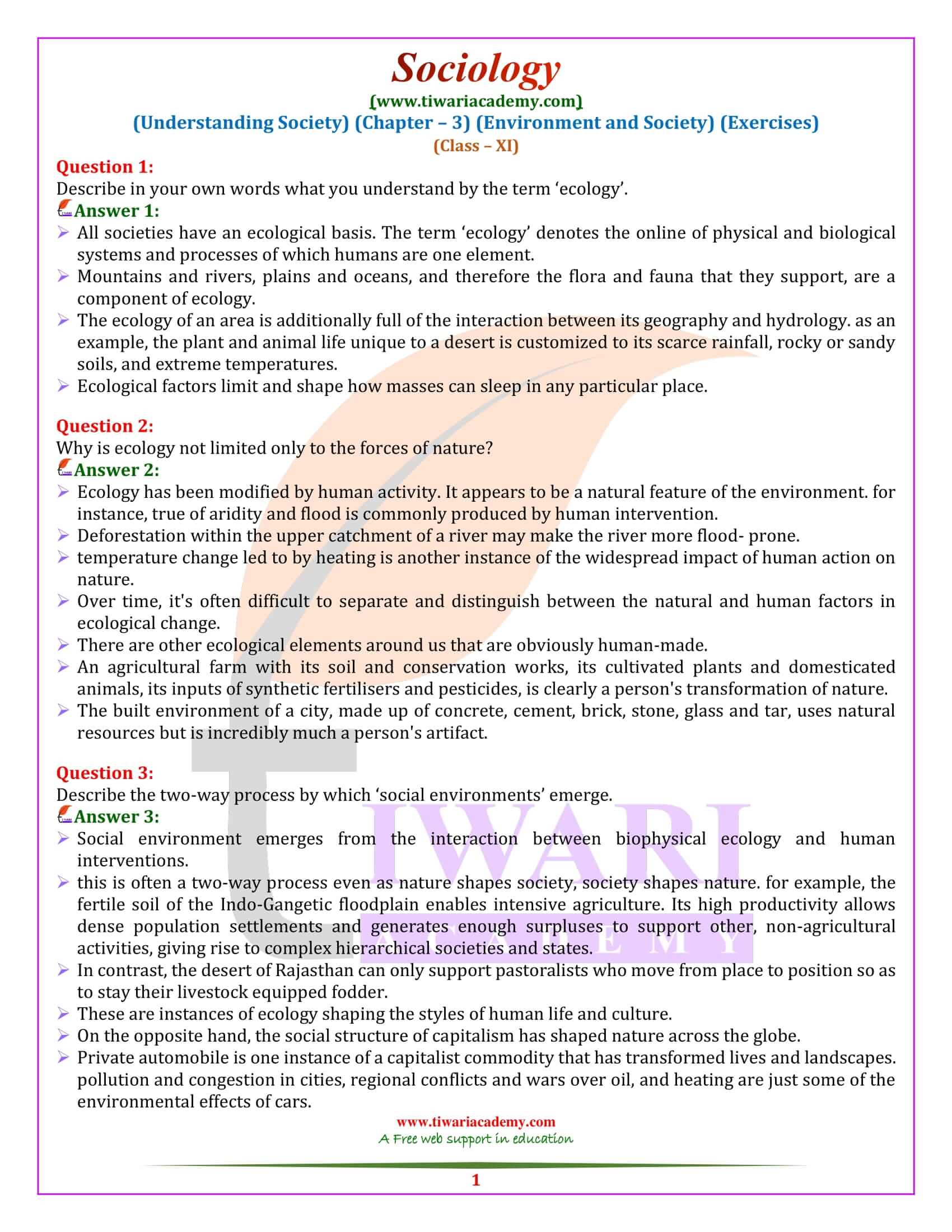 Class 11 Sociology Chapter 3 Environment and Society