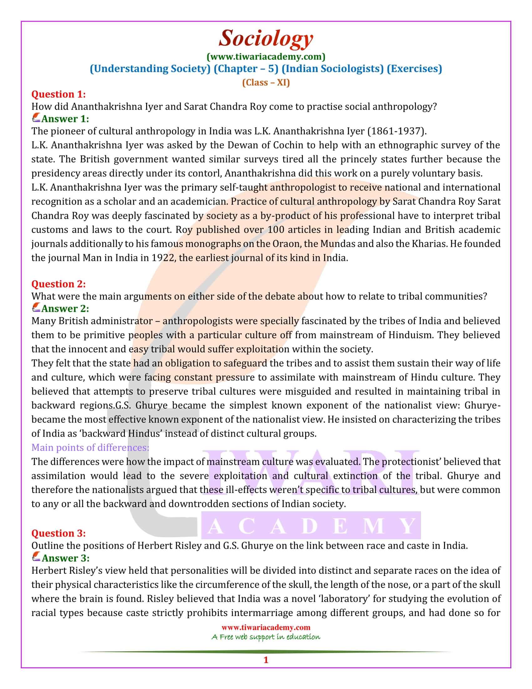 NCERT Solutions for Class 11 Sociology Chapter 5