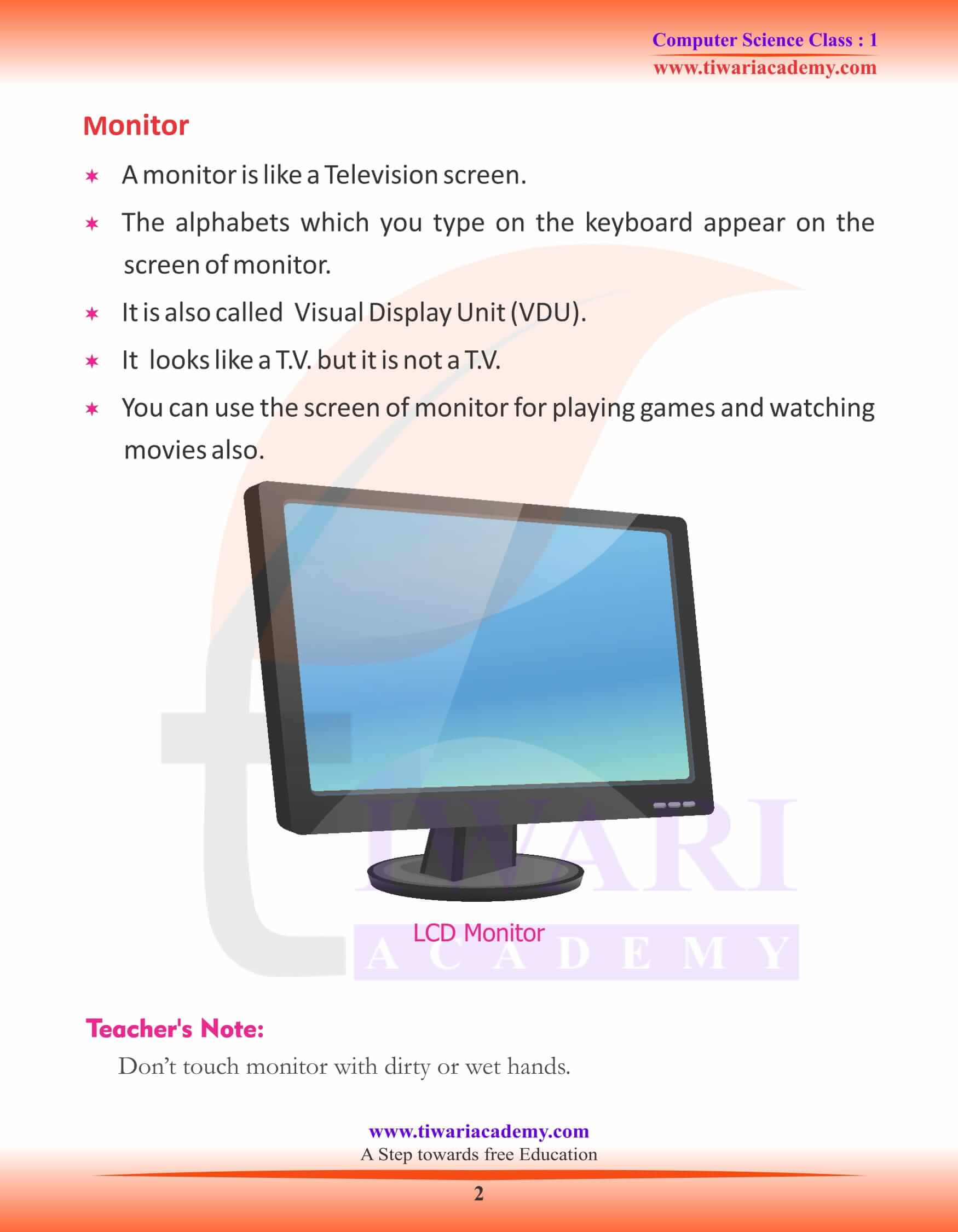 NCERT Solutions for Class 1 Computer Chapter 2 Parts of Computer - Moniter