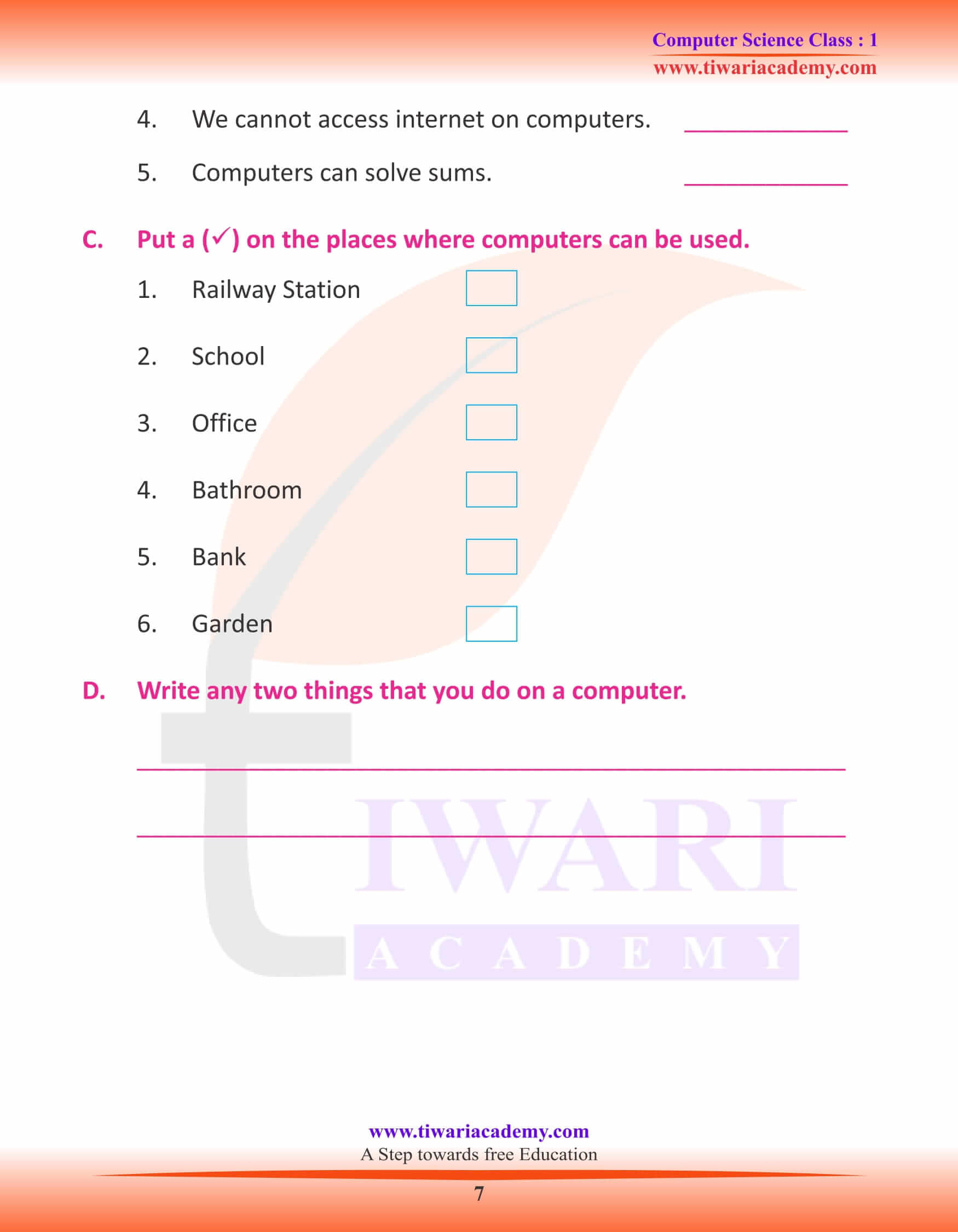 NCERT Solutions for Class 1 Computer Chapter 4 Worksheets