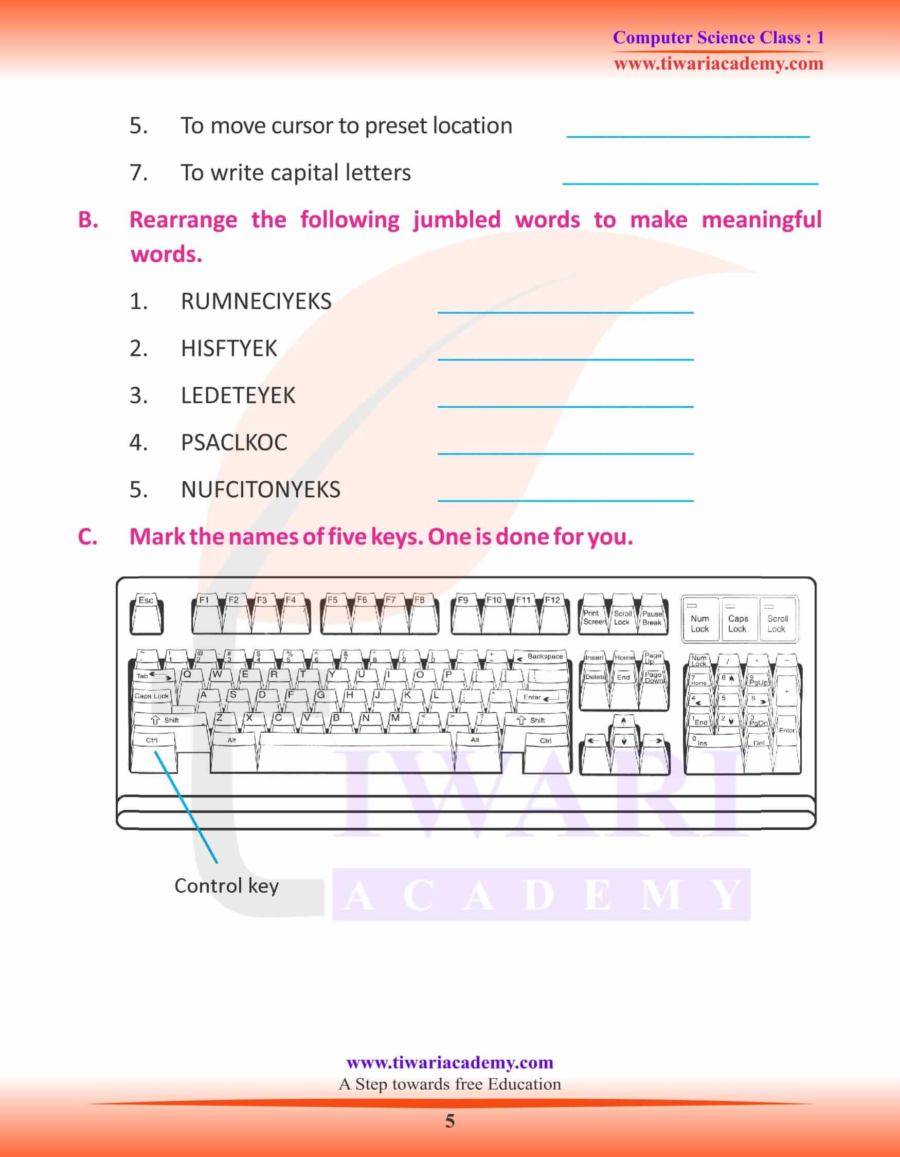 NCERT Solutions for Class 1 Computer Chapter 6 Worksheet