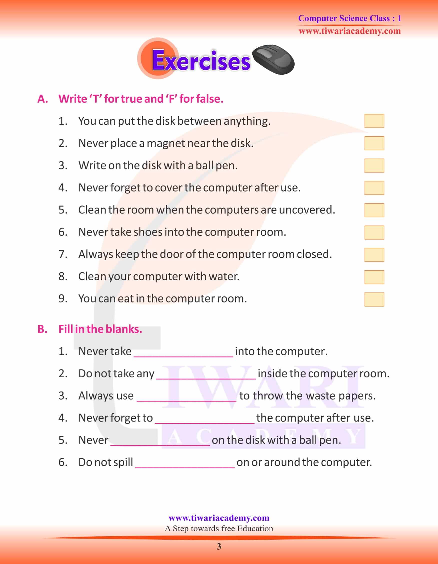 NCERT Solutions for Class 1 Computer Chapter 8 Worksheet