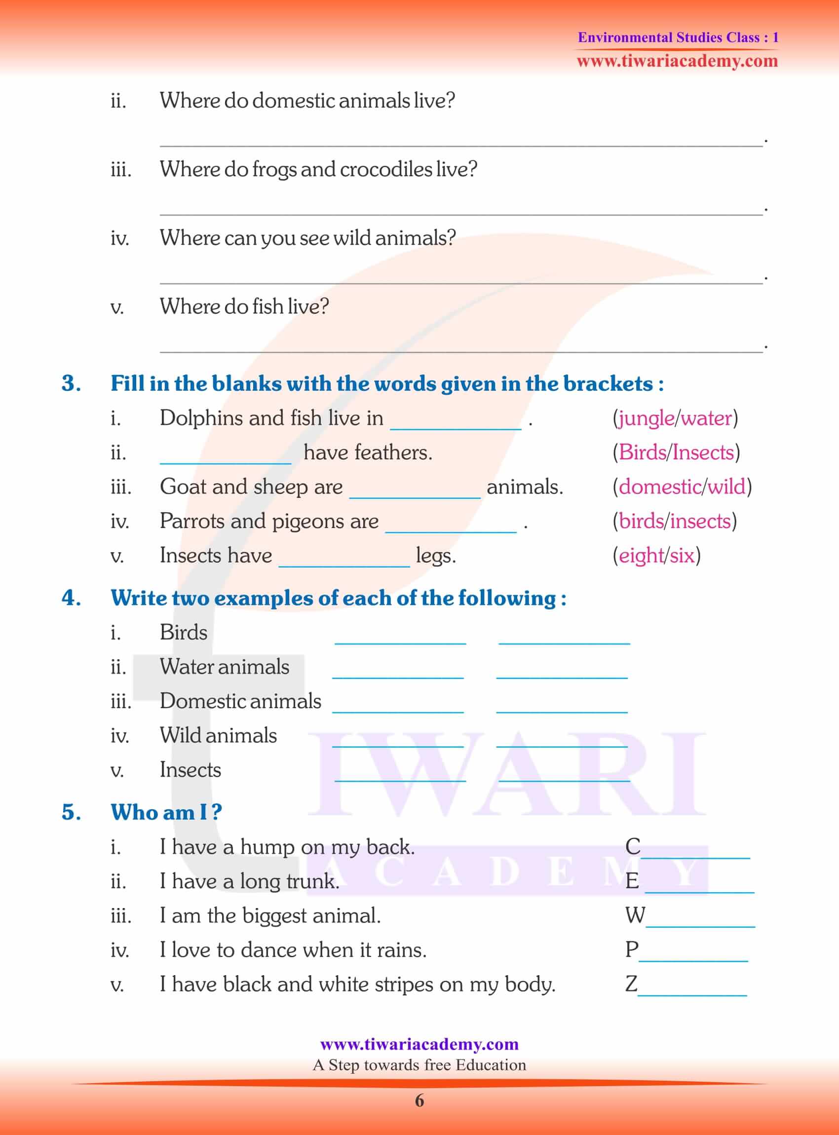 NCERT Solutions for Class 1 EVS Chapter 11 Worksheets