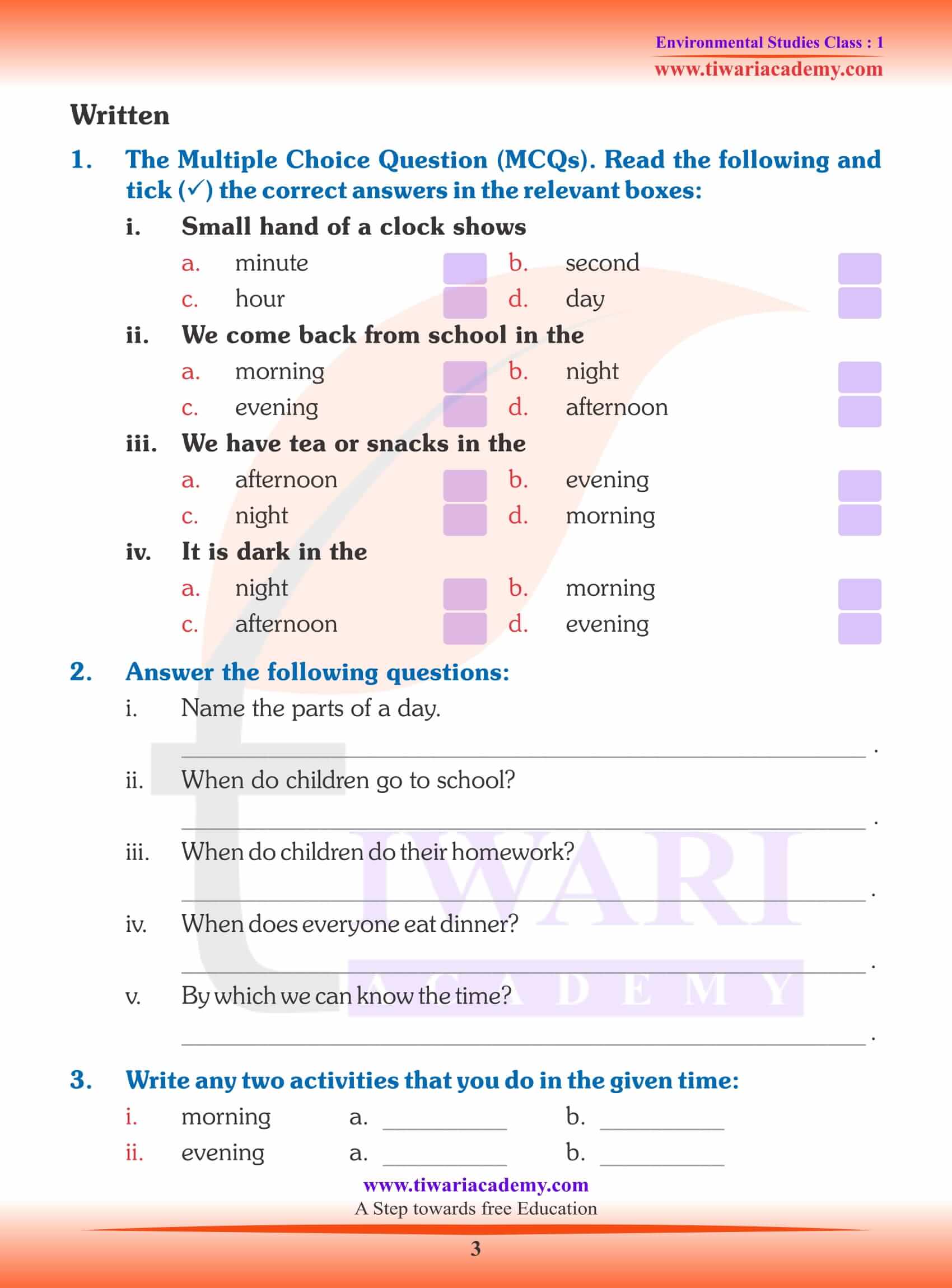 NCERT Solutions for Class 1 EVS Chapter 14 Worksheets