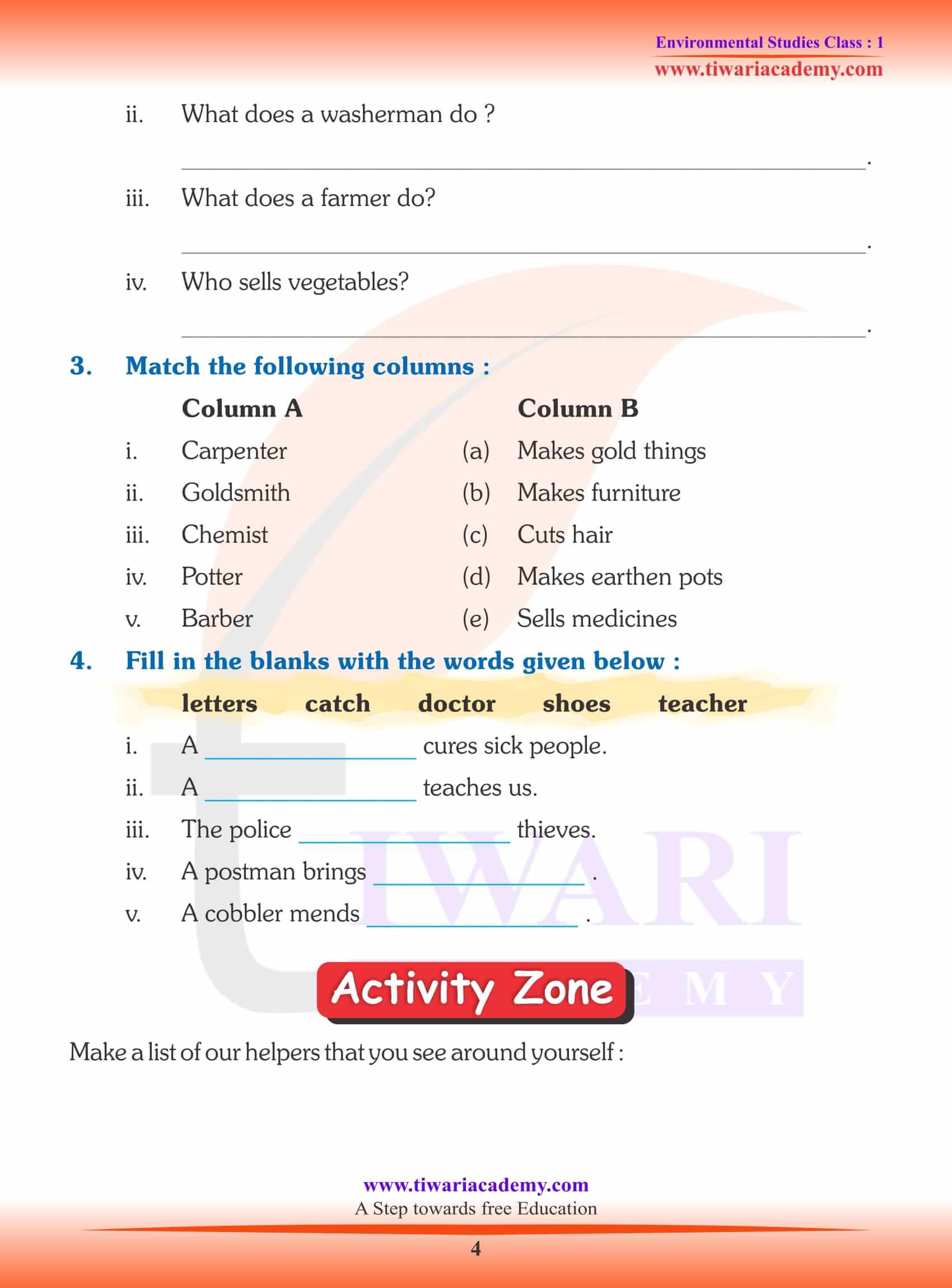 NCERT Solutions for Class 1 EVS Chapter 15 Worksheets