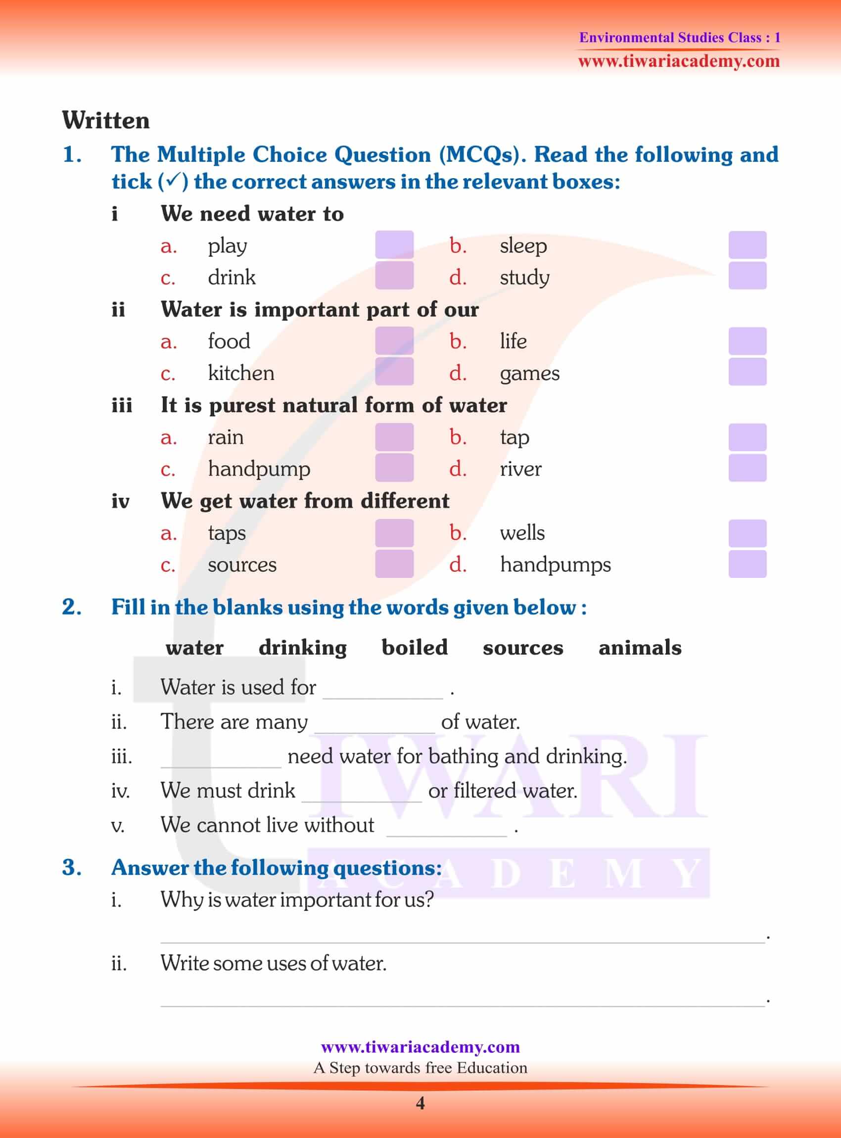 NCERT Solutions for Class 1 EVS Chapter 4 Worksheets