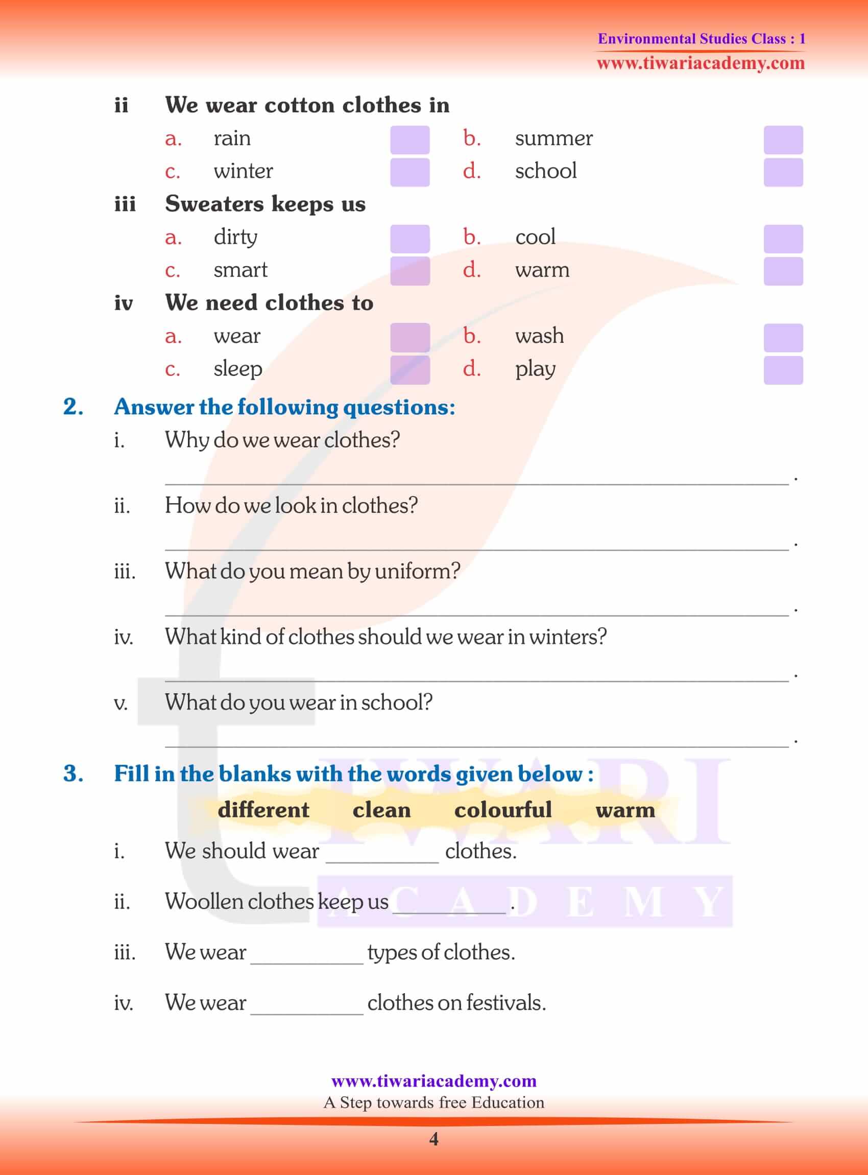 NCERT Solutions for Class 1 EVS Chapter 5 Worksheets