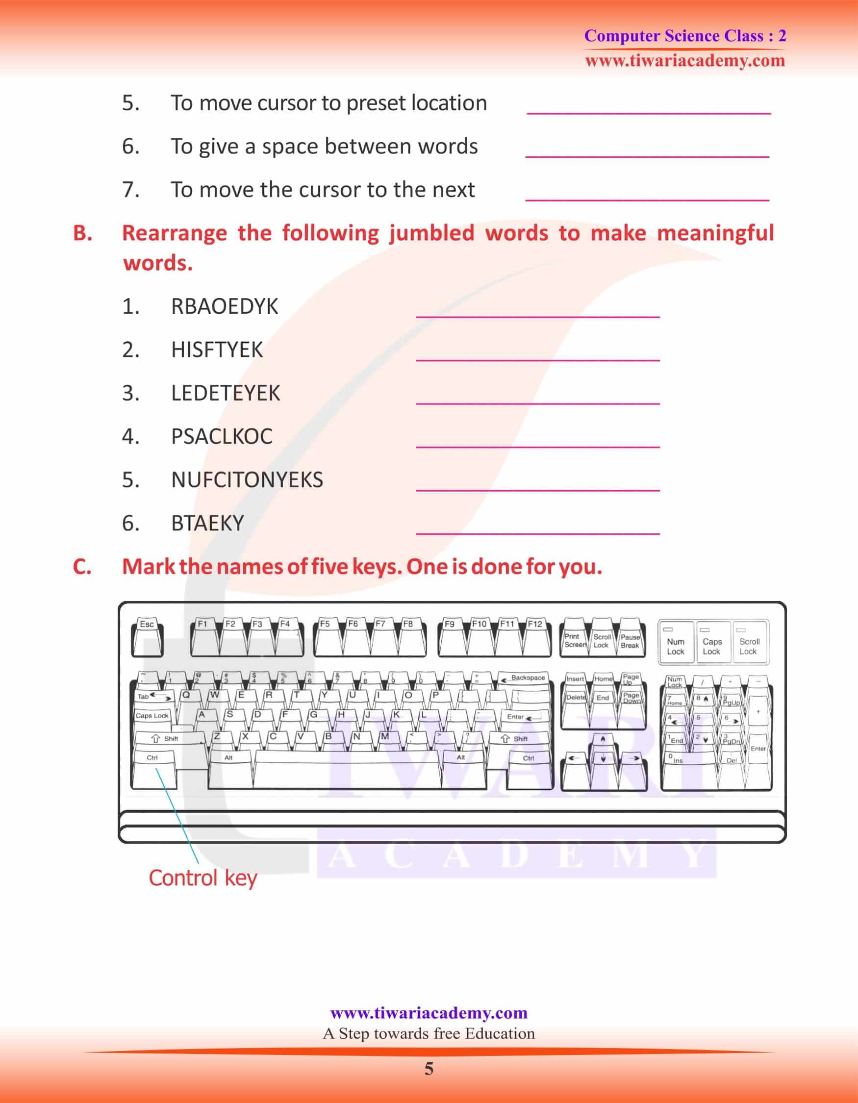 NCERT Solutions for Class 2 Computer Chapter 5 Worksheets