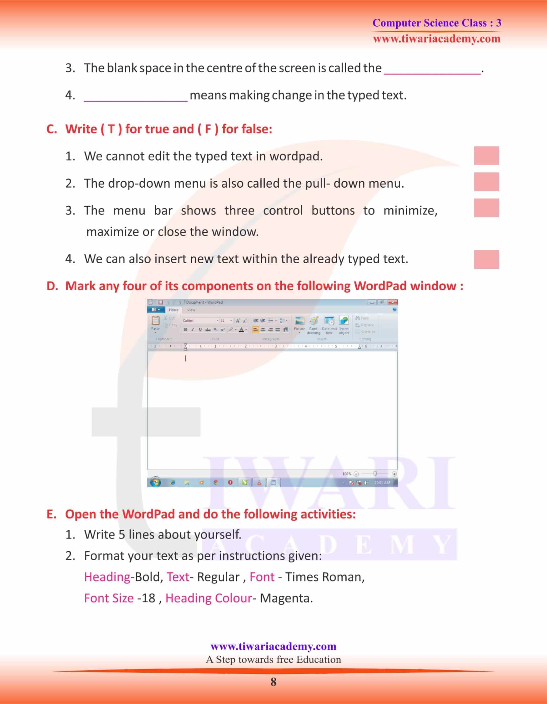 NCERT Solutions for Class 3 Computer Science Chapter 6 Worksheets