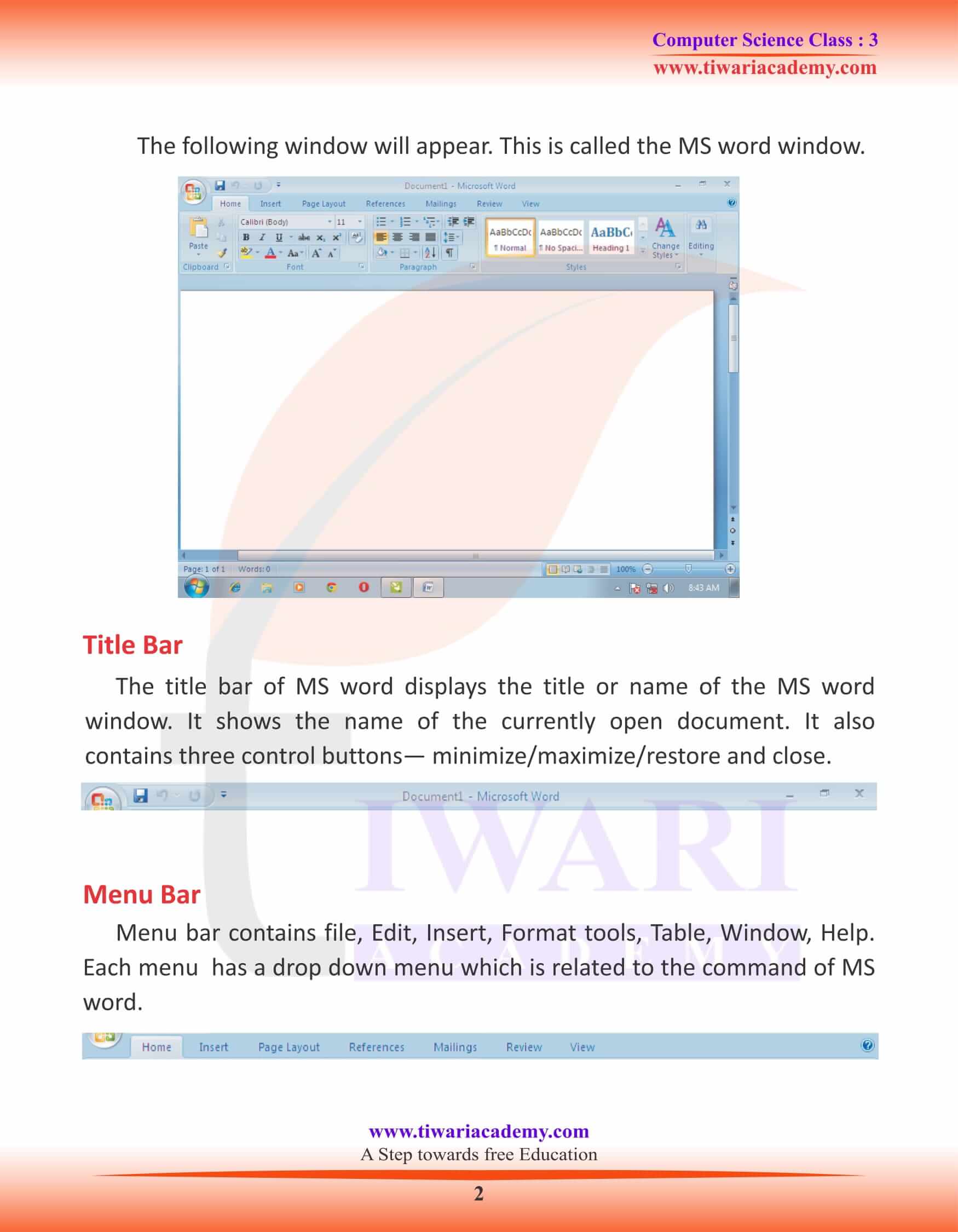 Class 3 Computer Science Chapter 7 MS word