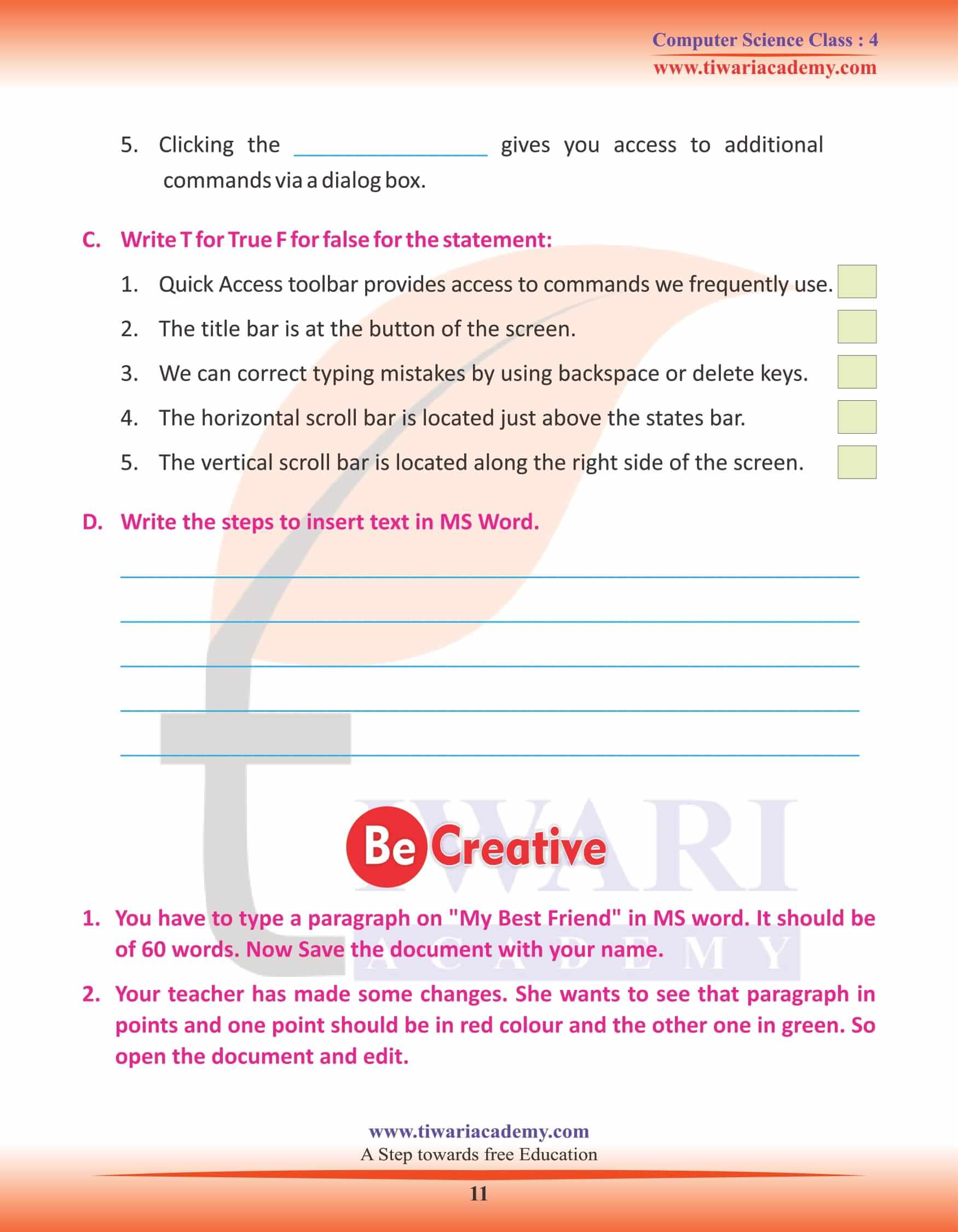 Class 4 Computer Science Chapter 7 Answers Exercises