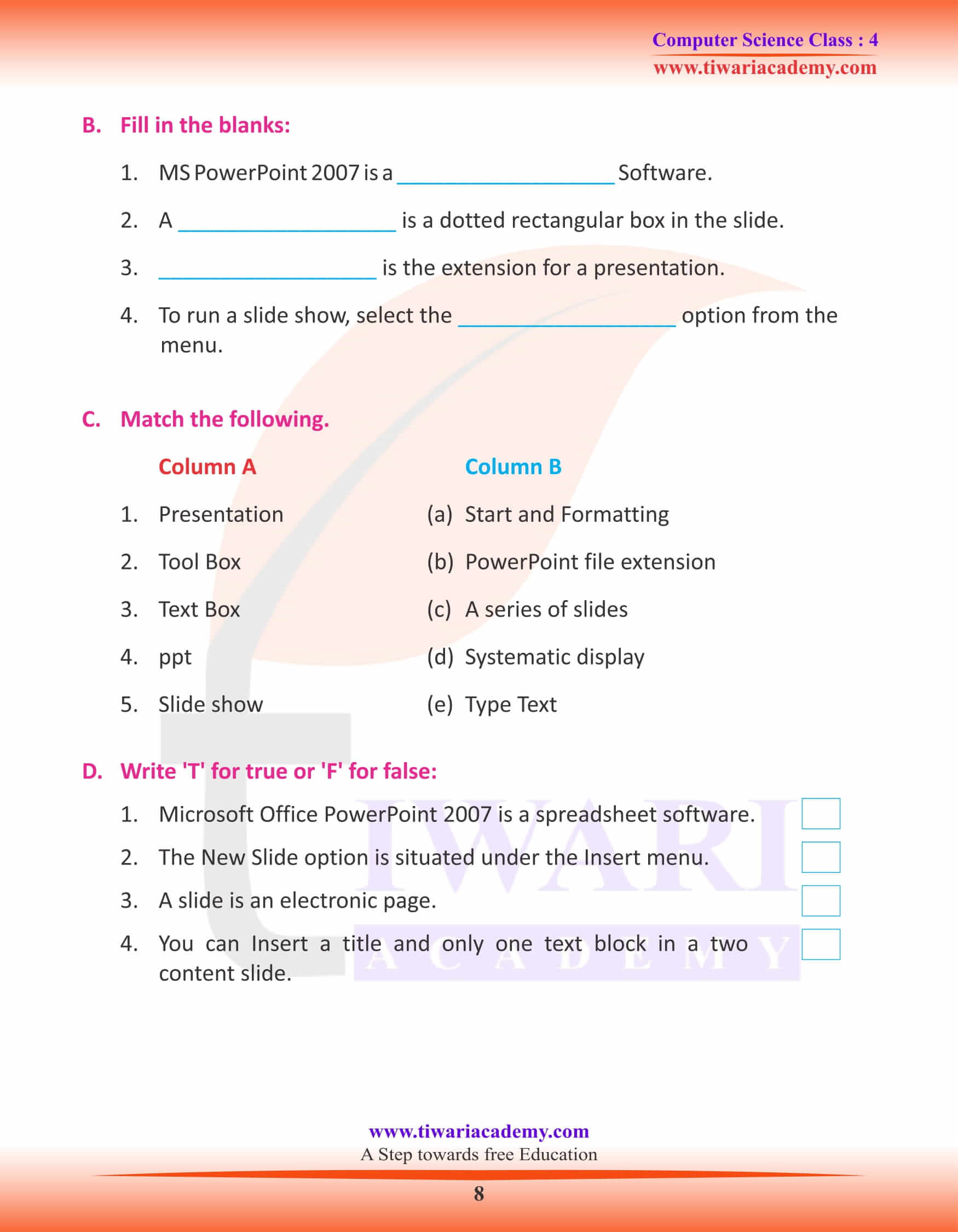 Class 4 Computer Science Chapter 8 Exercises