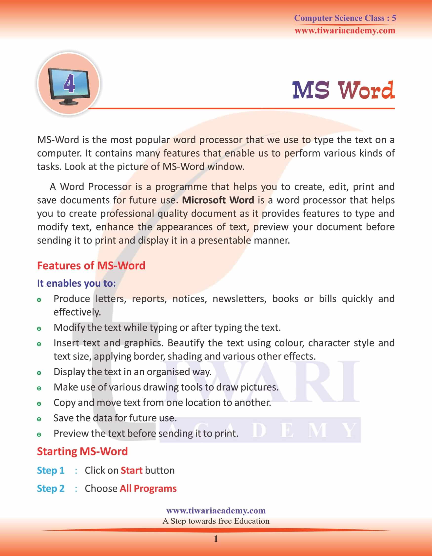 Class 5 Computer Science Chapter 4 MS Word