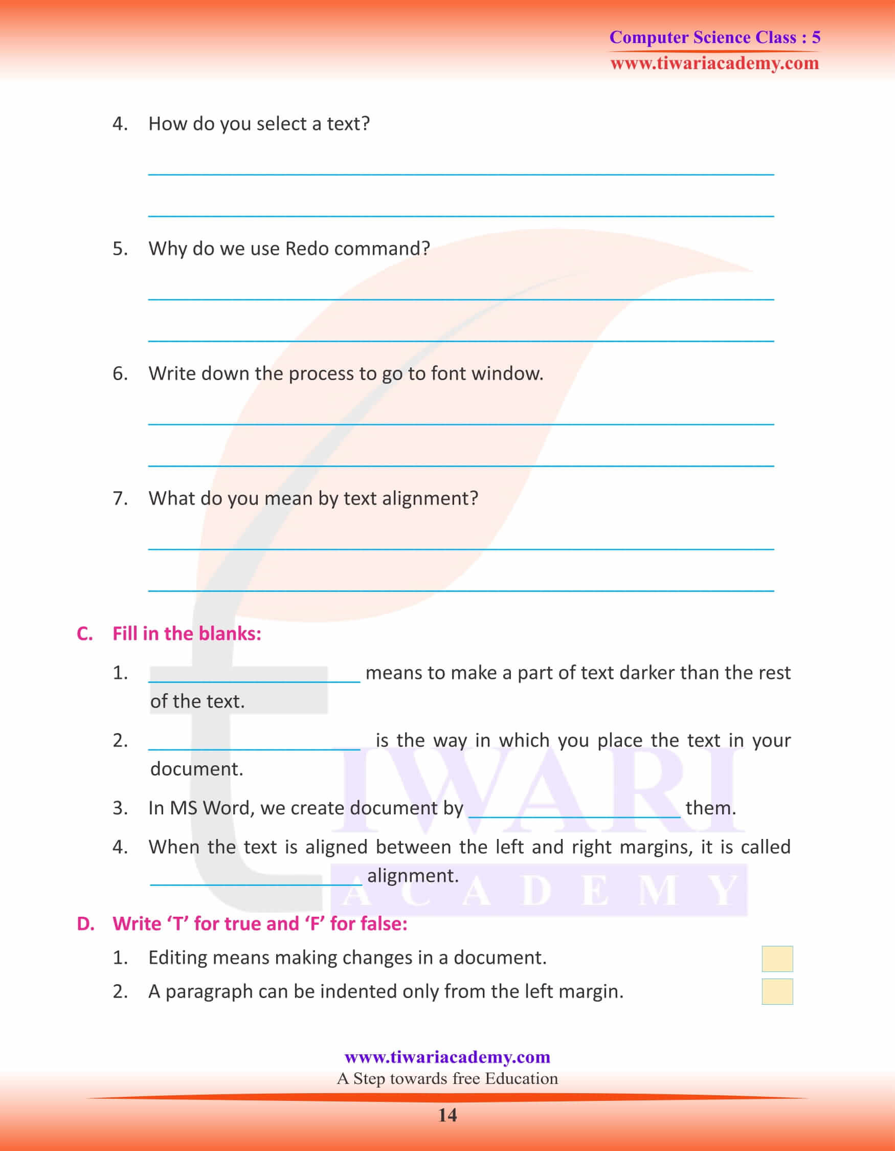 Class 5 Computer Science Chapter 4 Worksheet