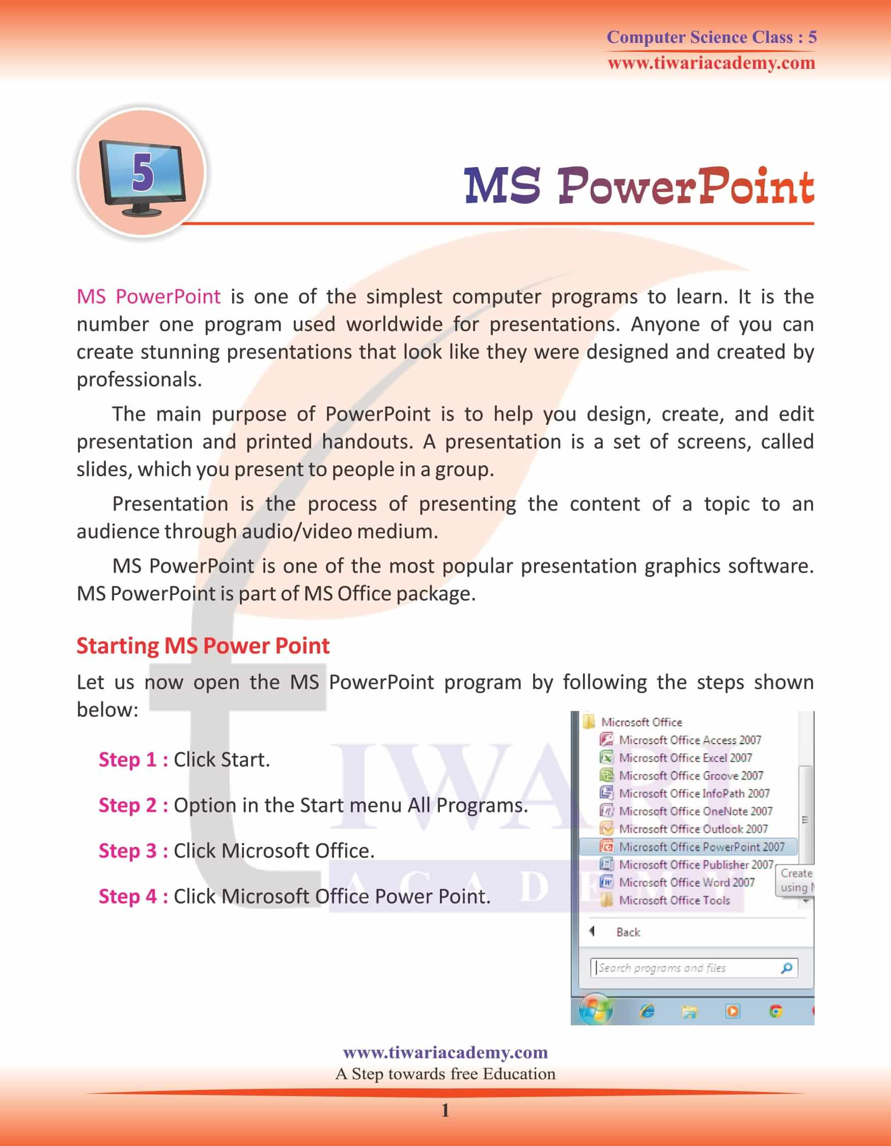 Class 5 Computer Science Chapter 5 MS PowerPoint