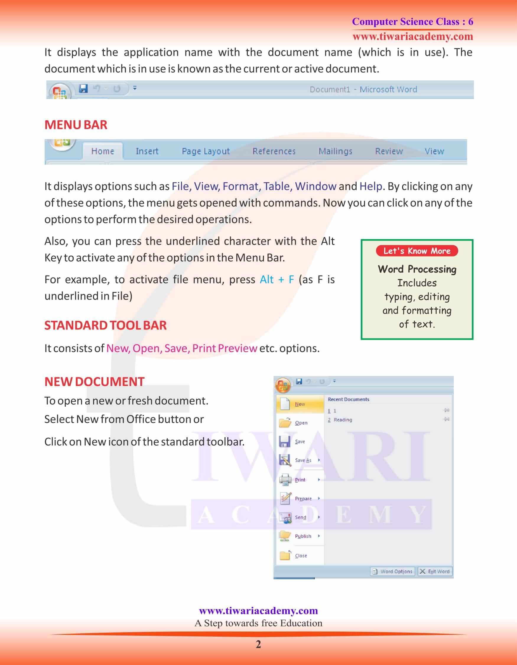 Class 6 Computer Science Chapter 3 MS Word