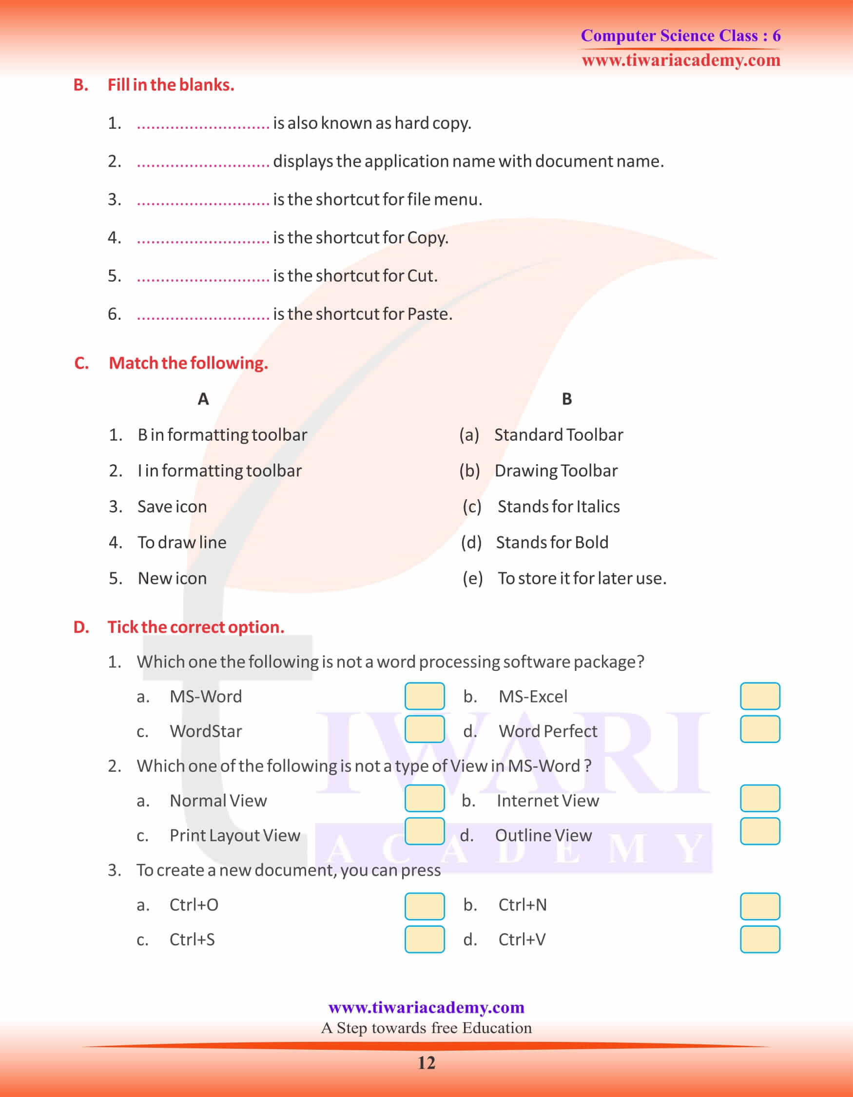 Class 6 Computer Science Chapter 3 Exercises answers