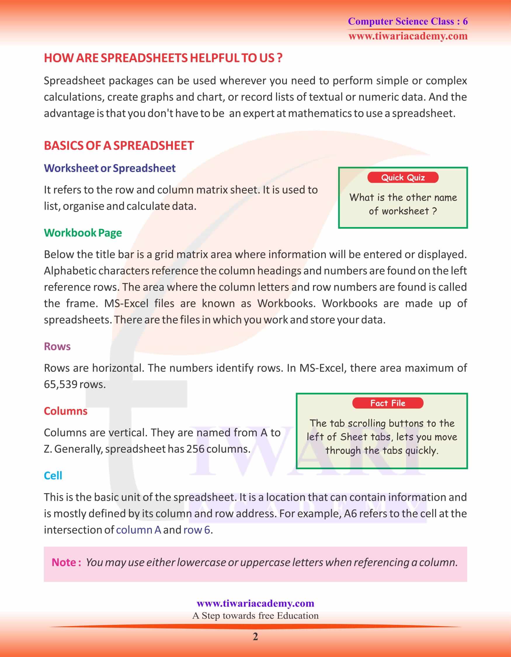 Class 6 Computer Science Chapter 4 Basics of MS Excel