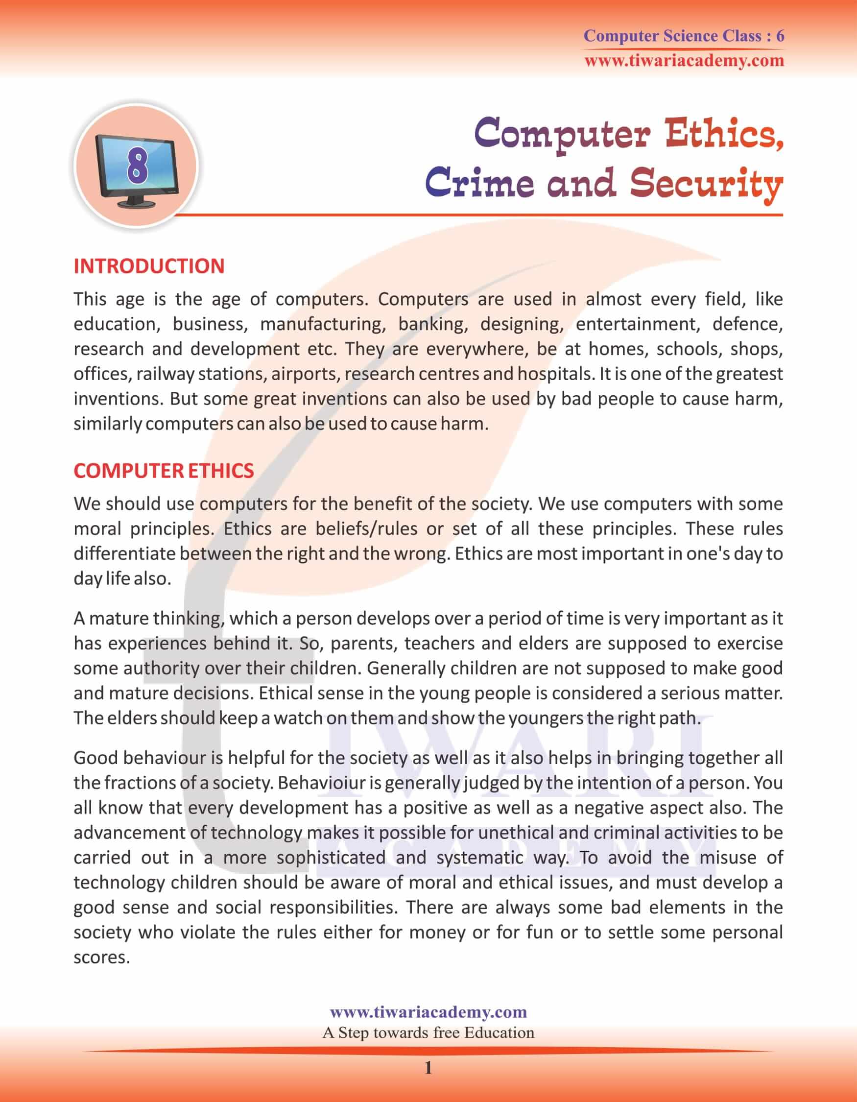 Class 6 Computer Science Chapter 8 Computer Ethics, Crime and Security