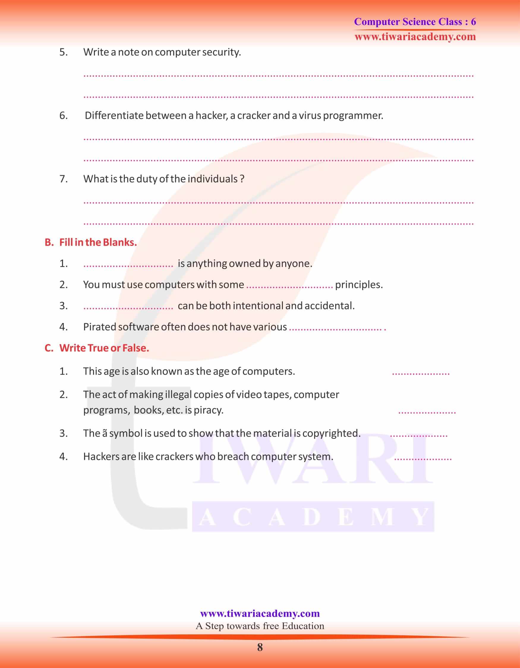 Class 6 Computer Science Chapter 8 Worksheets