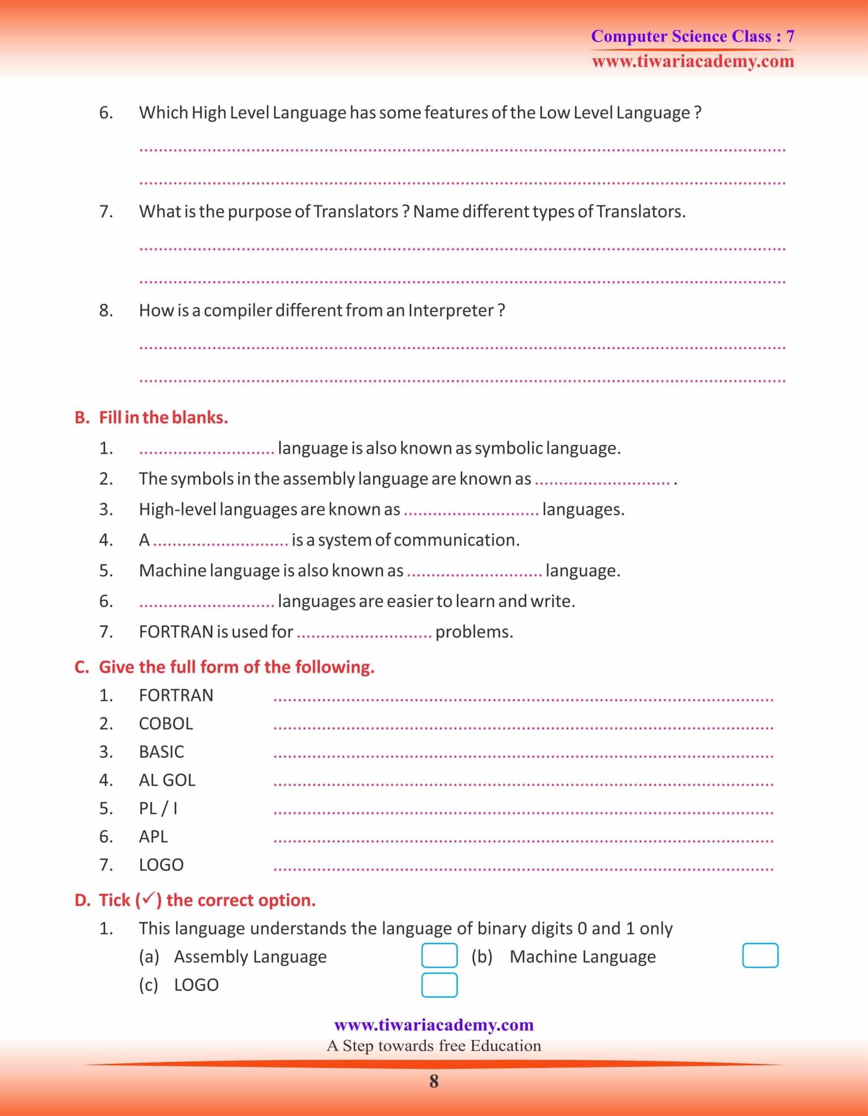 Class 7 Computer Science Chapter 1 Assignments