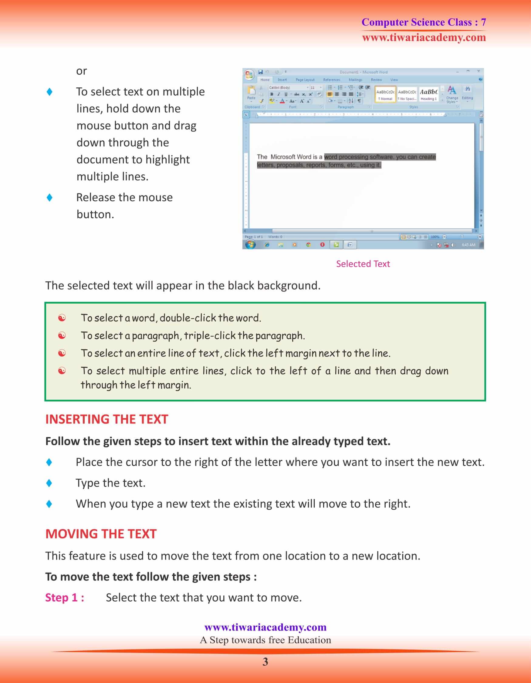 Class 7 Computer Science Chapter 2 Editing Text in Microsoft Word