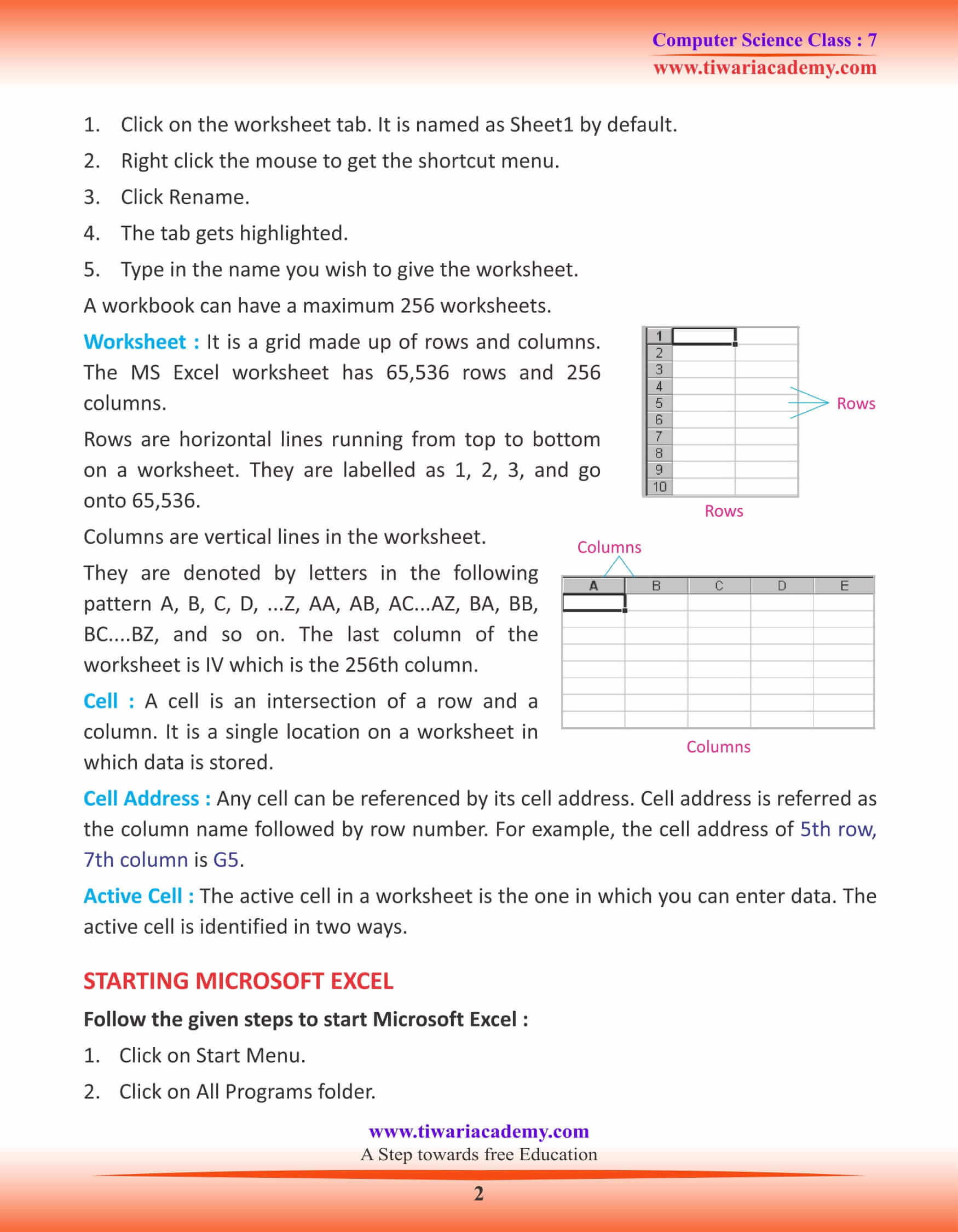 Class 7 Computer Science Chapter 4 Basics of Microsoft Excel
