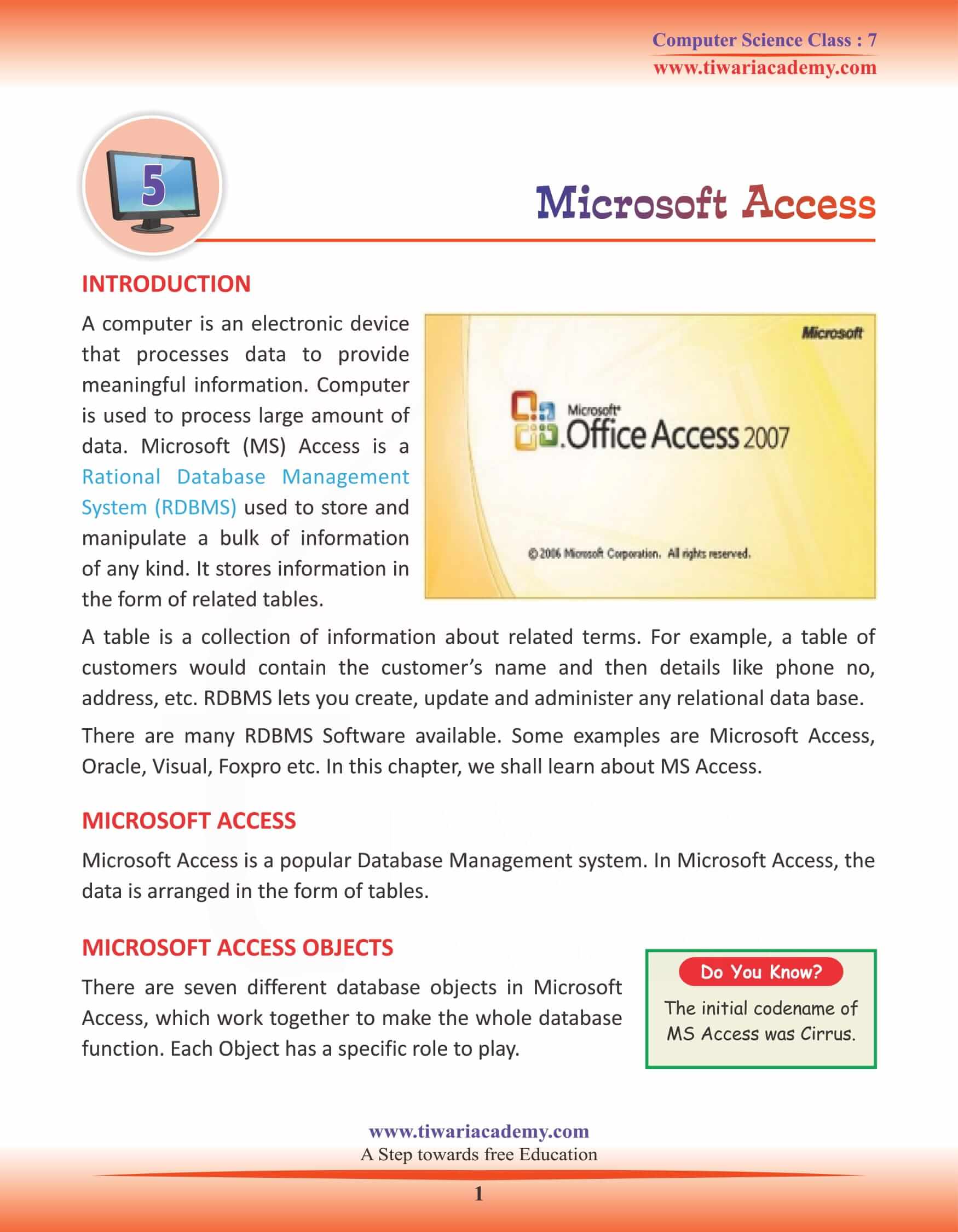 Class 7 Computer Science Chapter 5 Microsoft Access