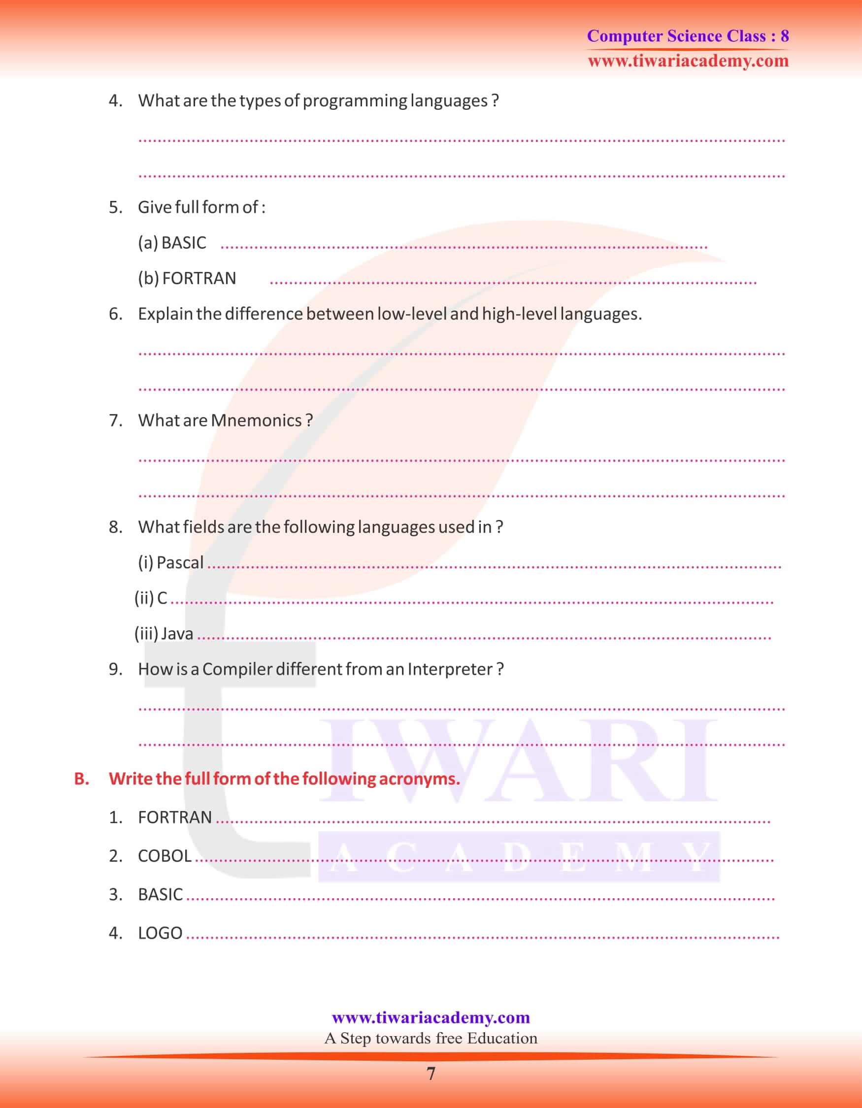 Class 8 Computer Science Chapter 1 Question Answers