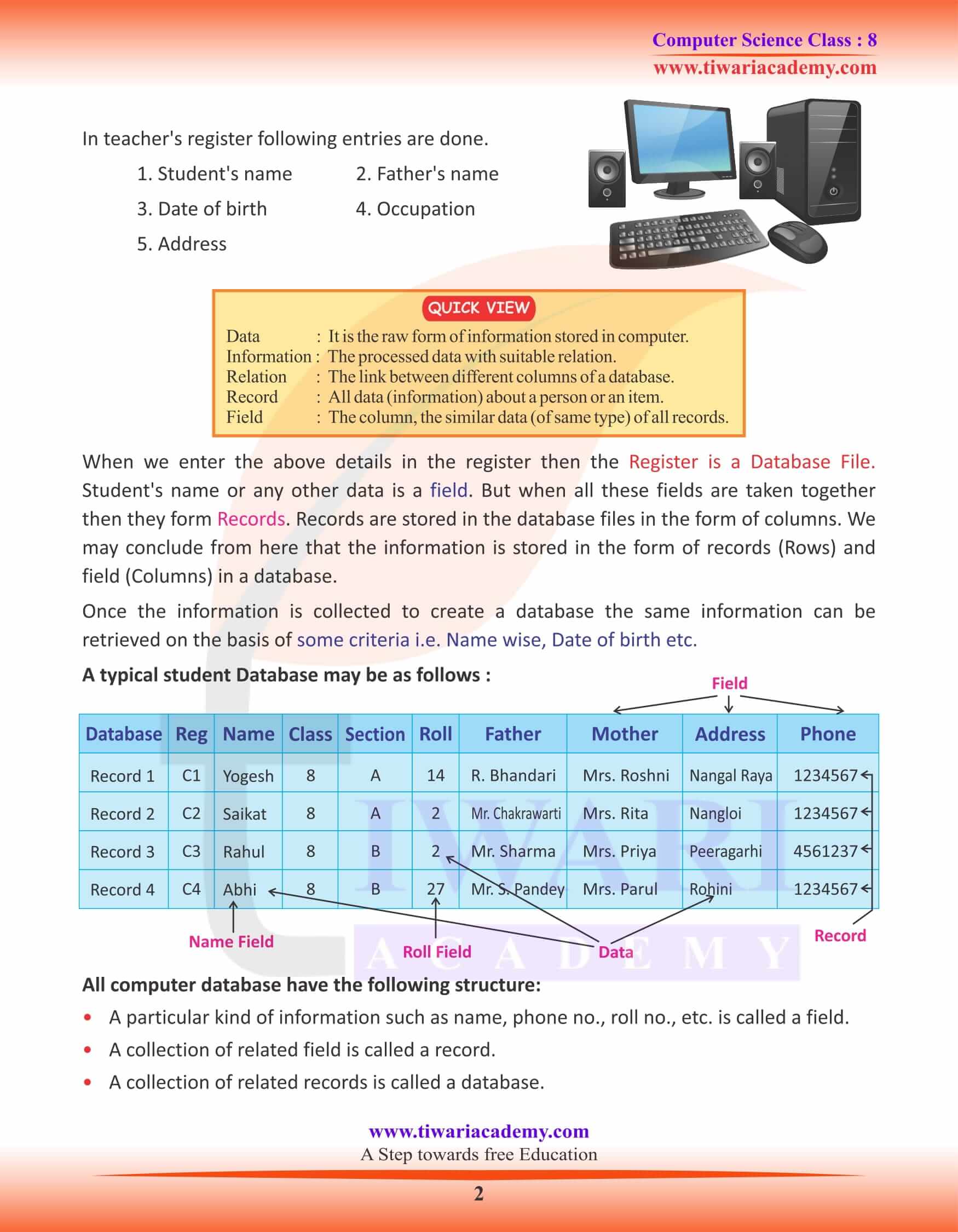 Class 8 Computer Science Chapter 2 Introduction to Database