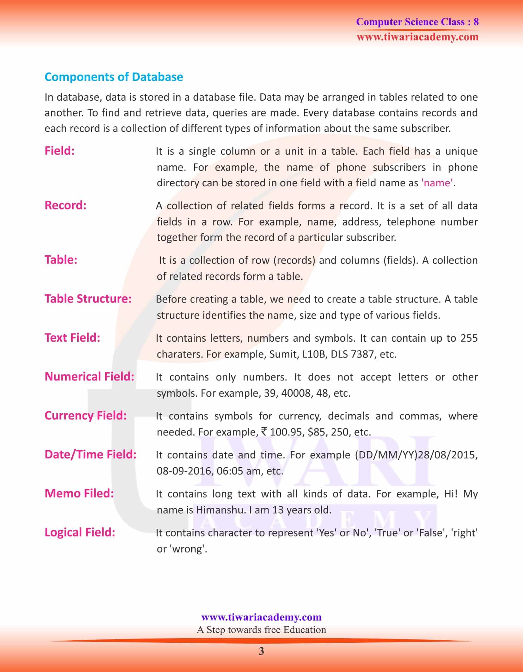 Class 8 Computer Science Chapter 3 MS Access- A DBMS