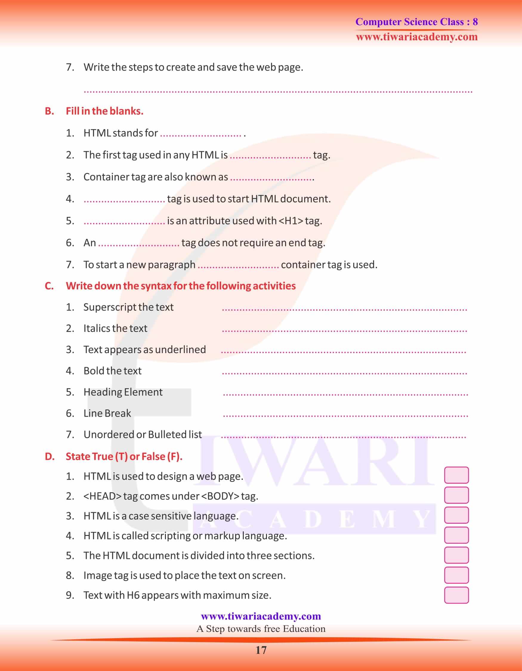 Class 8 Computer Science Chapter 6 Assignments