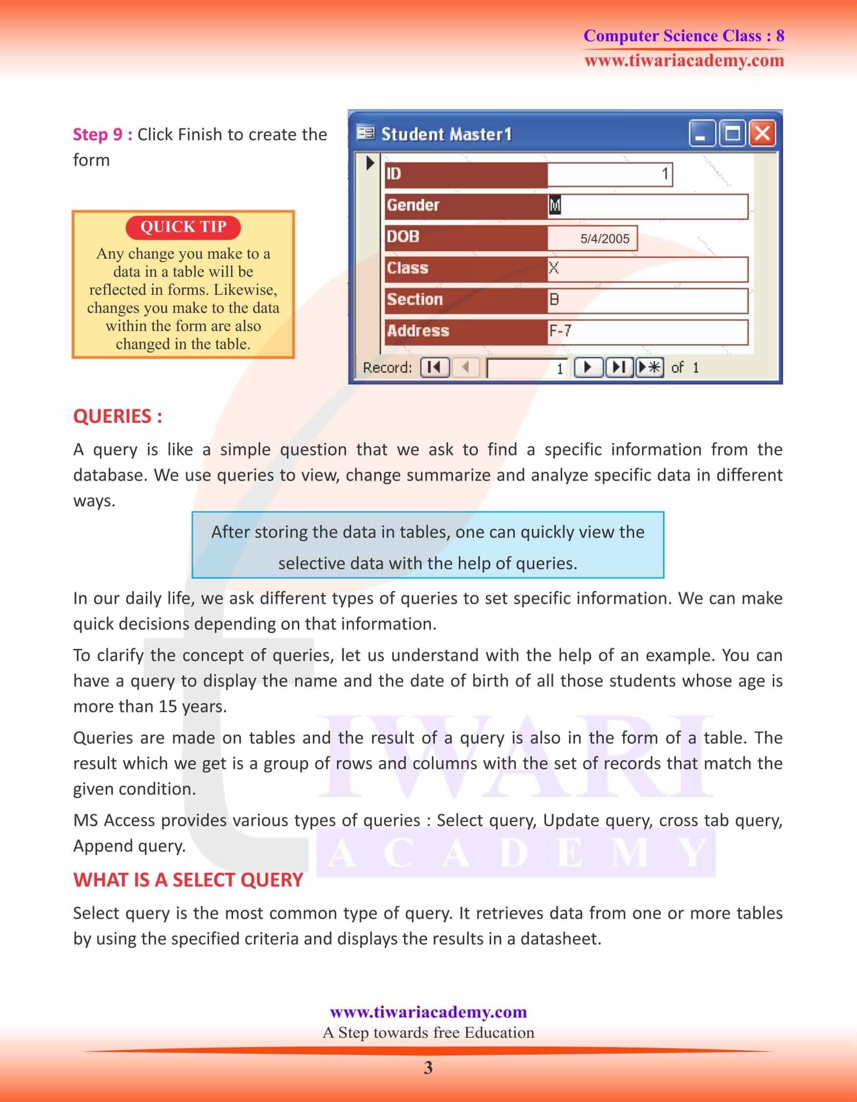 Class 8 Computer Science Chapter 7 Forms, Quires and Reports