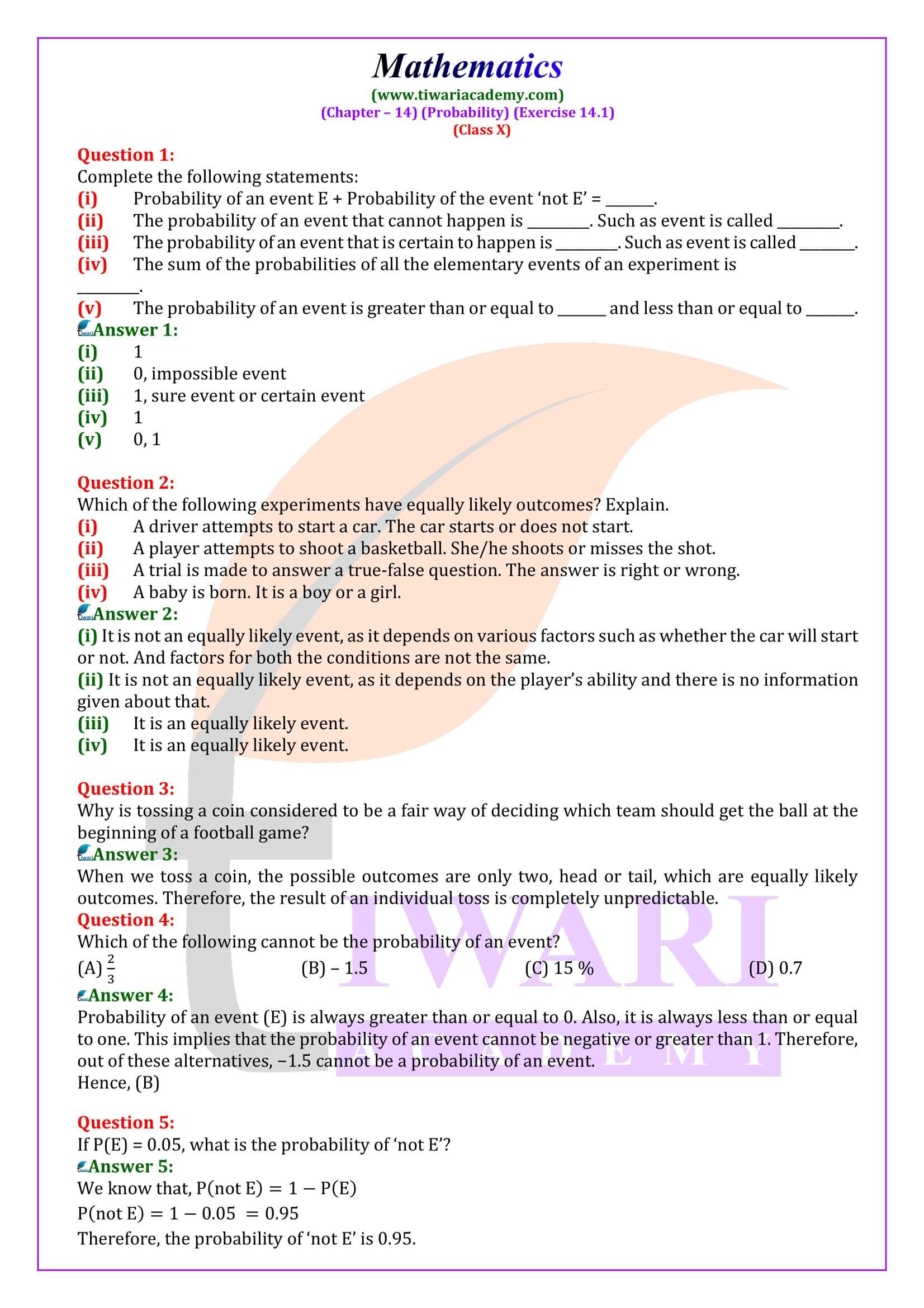 Class 10 Maths Exercise 14.1 in English Medium