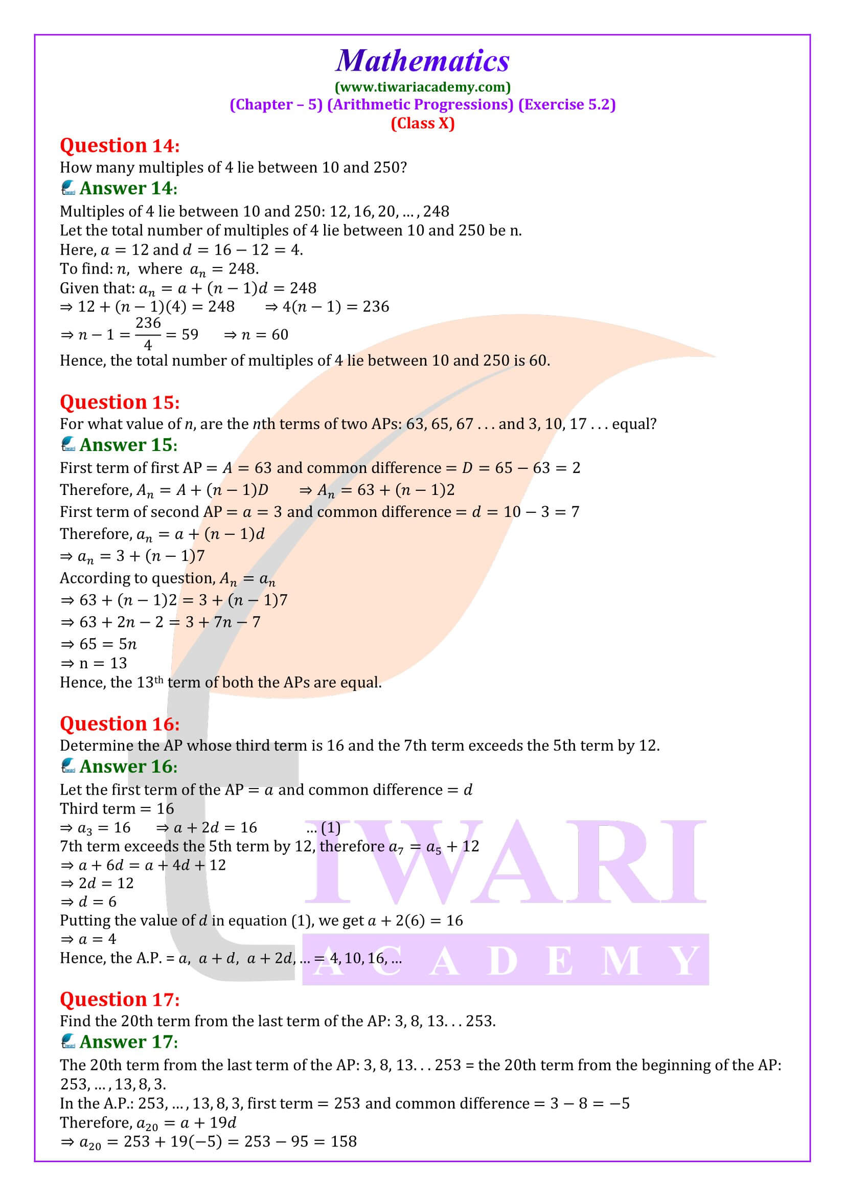 10th Maths Exercise 5.2 Question Answers