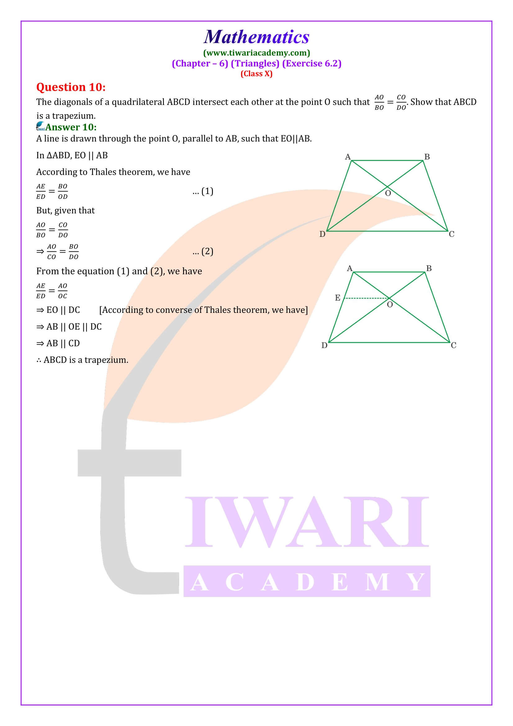 NCERT Solutions for Class 10 Maths Exercise 6.2