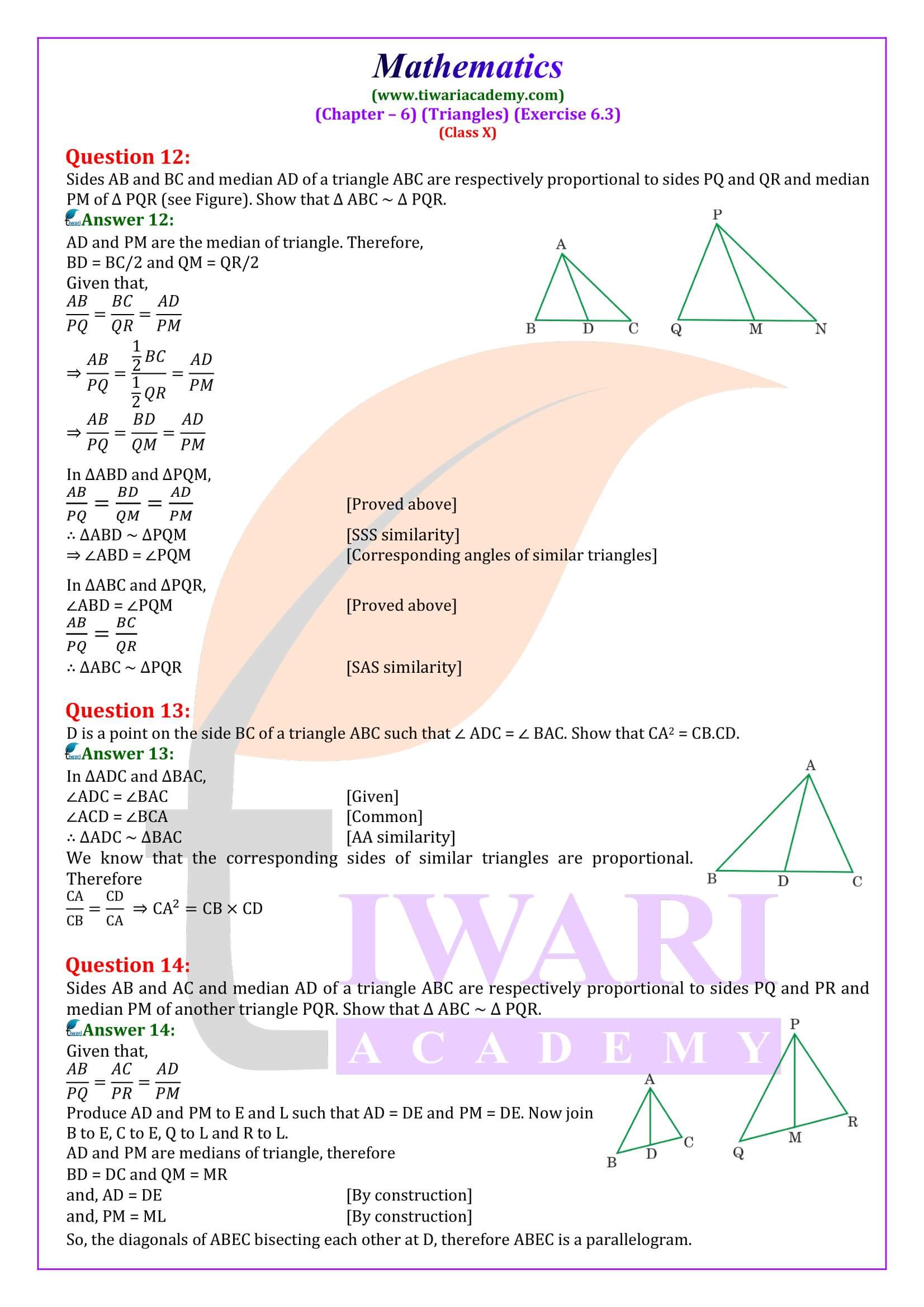 NCERT Solutions Class 10 Maths Exercise 6.3