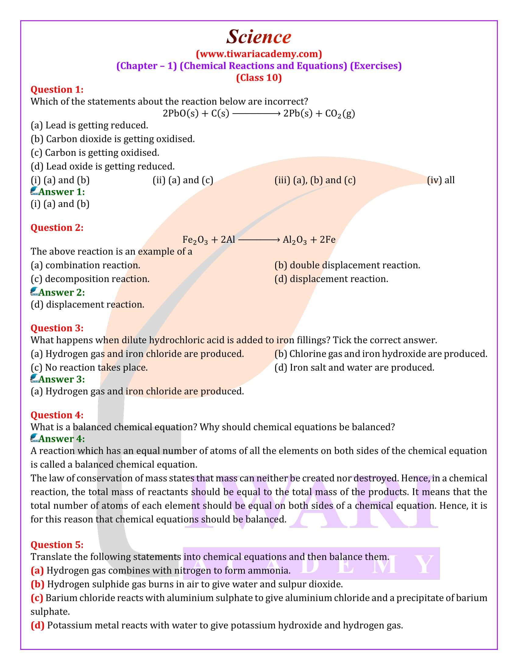 Class 10 Science Chapter 1 Chemical Reactions and Equations