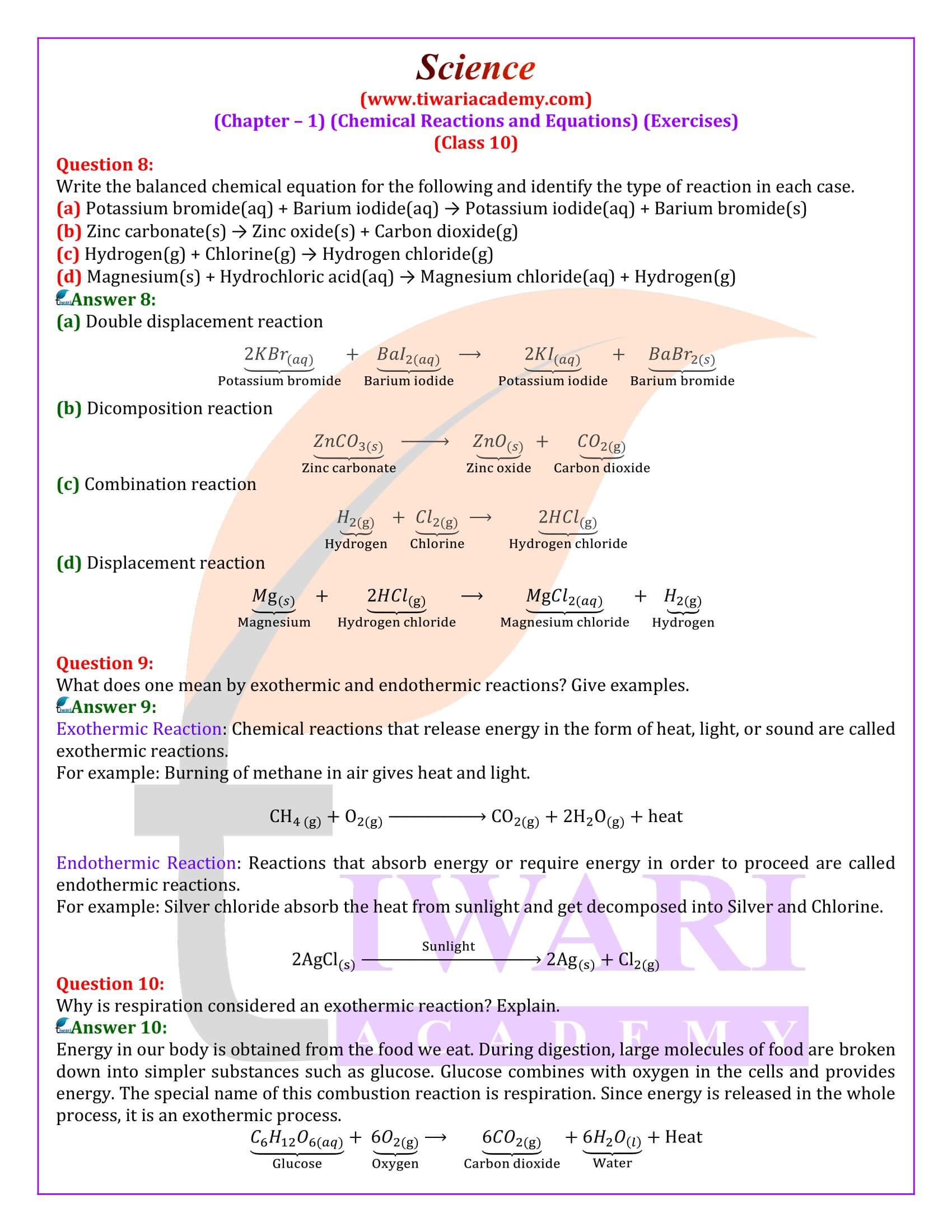 NCERT Solutions for Class 10 Science Chapter 1 Exercises