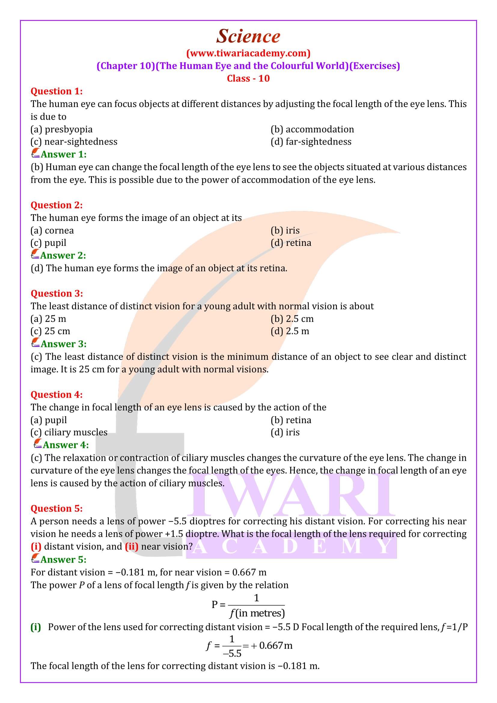 Class 10 Science Chapter 10 Human Eye and Colorful World