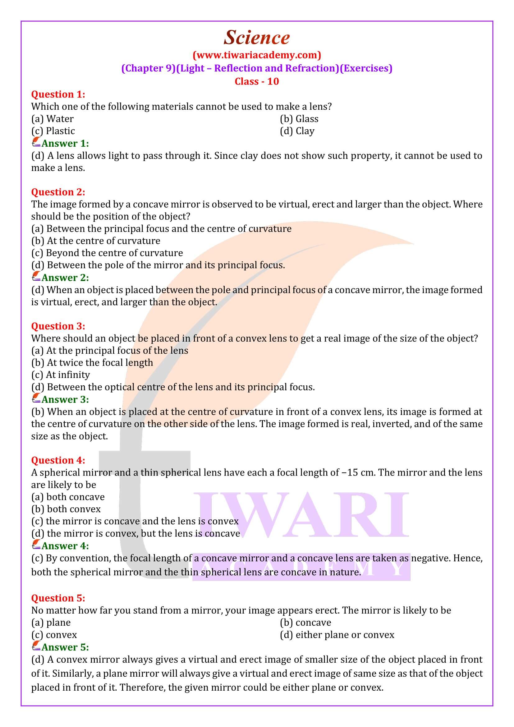 Class 10 Science Chapter 9 Light Reflection and Refraction